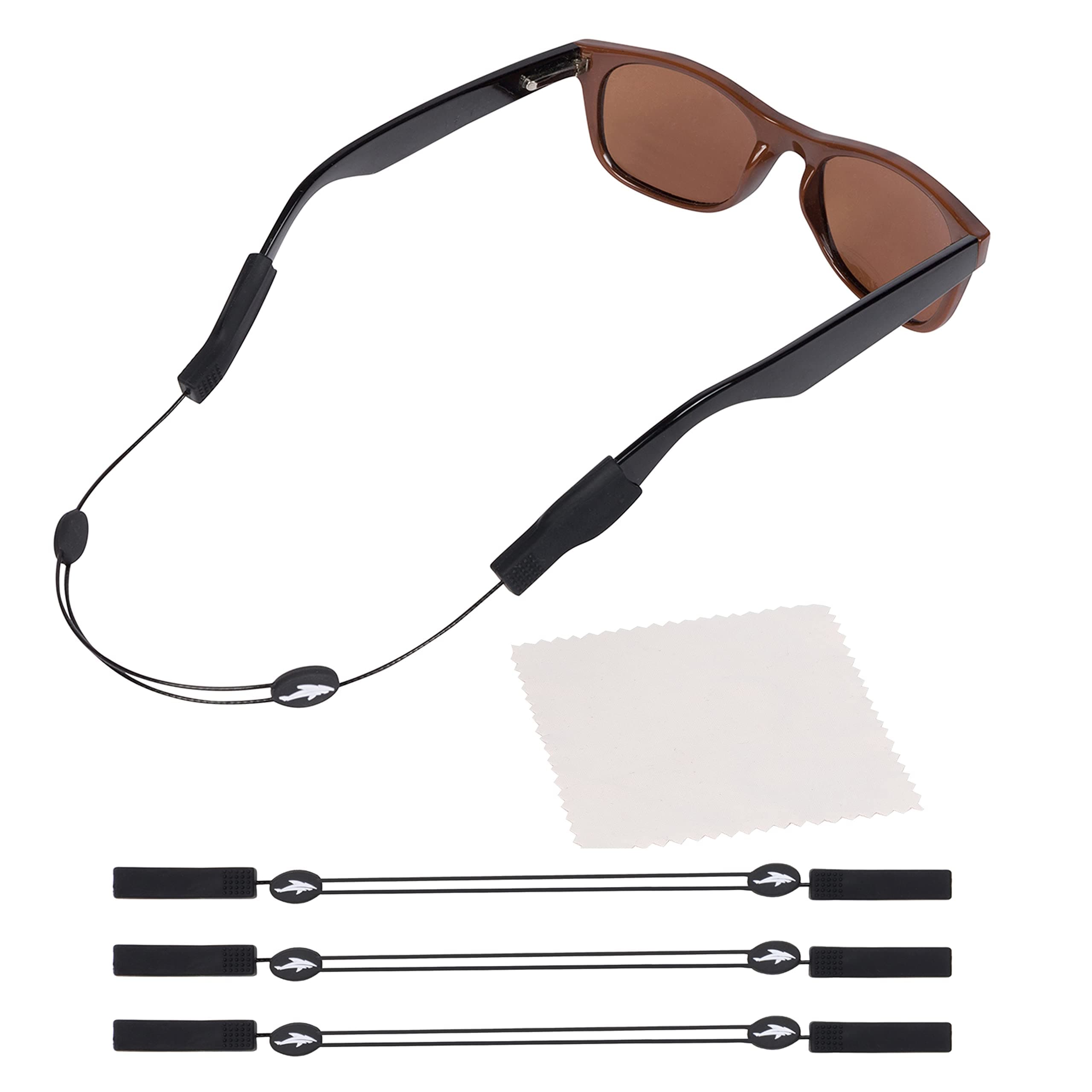 Adjustable Eyeglass Strap (Shark Style) - No Tail Sunglass Strap - Eyewear String Holder - With Bonus Glasses Cleaning Cloth 3 Pack