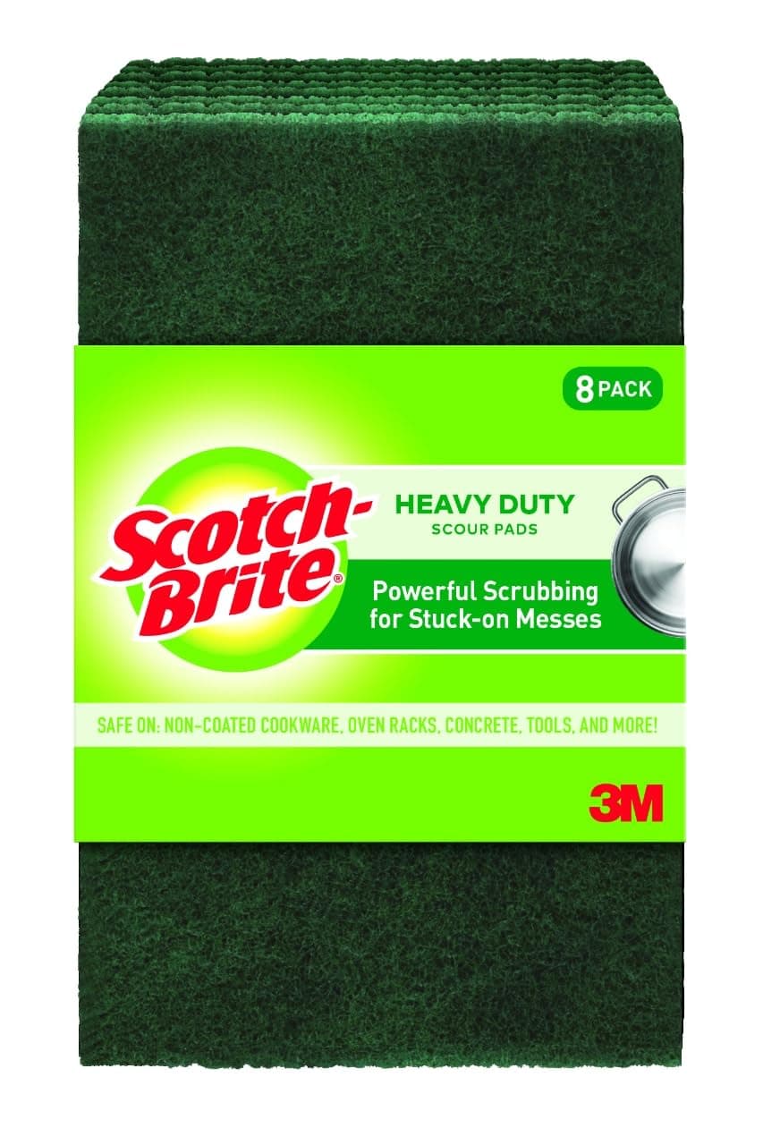 Scotch-Brite Heavy Duty Scouring Pad, Dish Scrubber for Kitchen + Outdoor, 8 Scrub Pads for Uncoated Pots and Pans, Cast Iron Cooktops, Grill Grates, Oven Racks, & BBQ, Durable, Long-Lasting 8 Pads Standard