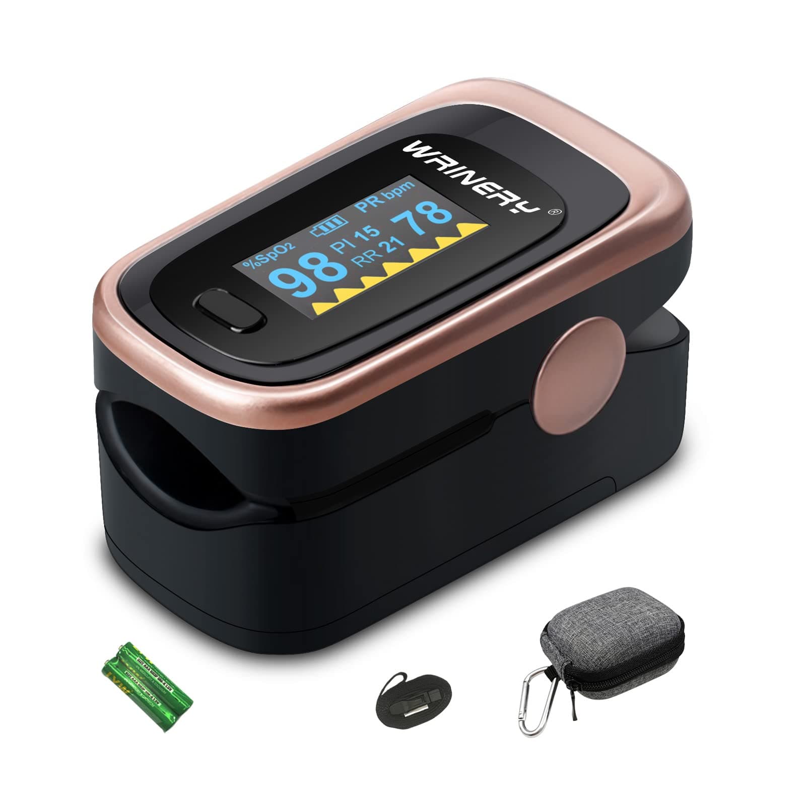 Oxygen Saturation Monitor, Wrinery Premium Pulse Oximeter Fingertip, Oxygen Monitor, O2 Saturation Monitor, OLED Portable Oximetry with Batteries, Lanyard (Rose gold-Royal black)