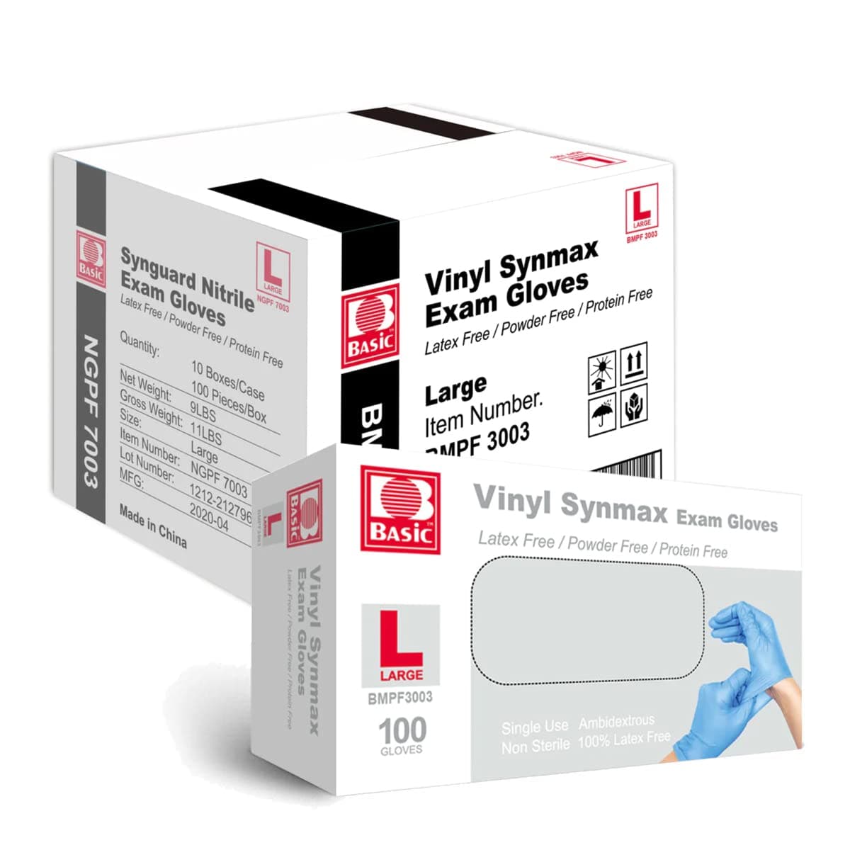 Basic Medical Synmax Vinyl Exam Gloves - Latex-Free & Powder-Free - Large, BMPF-3003(Case of 1,000) Blue Large (Pack of 1000) 1000