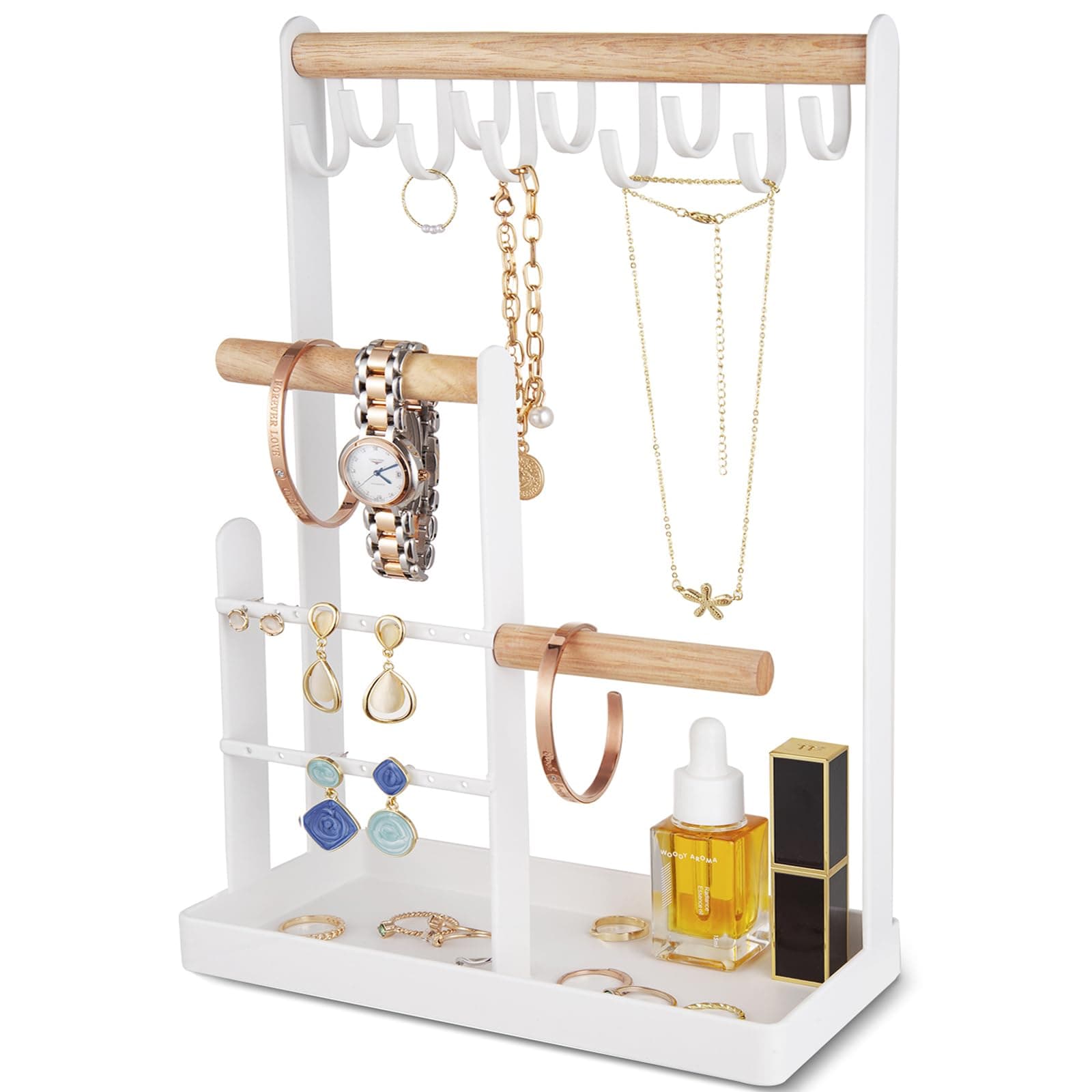 ProCase Jewelry Stand Holder Organizer, 4-Tier Necklace Holder with Ring Tray, 10 Hooks Necklaces Hanging Small Jewelry Display Storage Tower Tree for Bracelets Earrings Watches -Medium, White 12.6" Height White