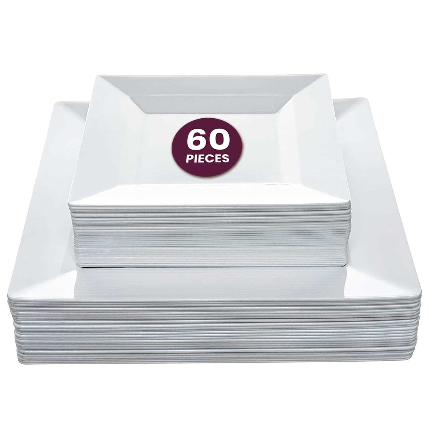 Aya's 60ct White Square Disposable Plates - Heavy Duty Plastic Party Plates for Christmas, Thanksgiving (30 Dinner & 30 Salad) Square 60 Pack