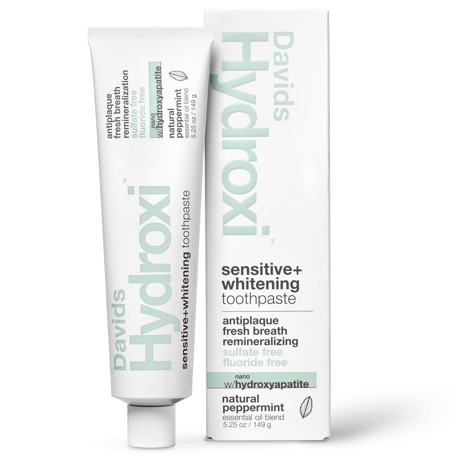 Davids Hydroxi Fluoride Free Nano Hydroxyapatite Toothpaste for Remineralizing Enamel & Sensitive Relief, Whitening, Antiplaque, SLS Free, Natural Peppermint, 5.25oz, Made in USA Sensitive Mint 5.25 Ounce (Pack of 1)