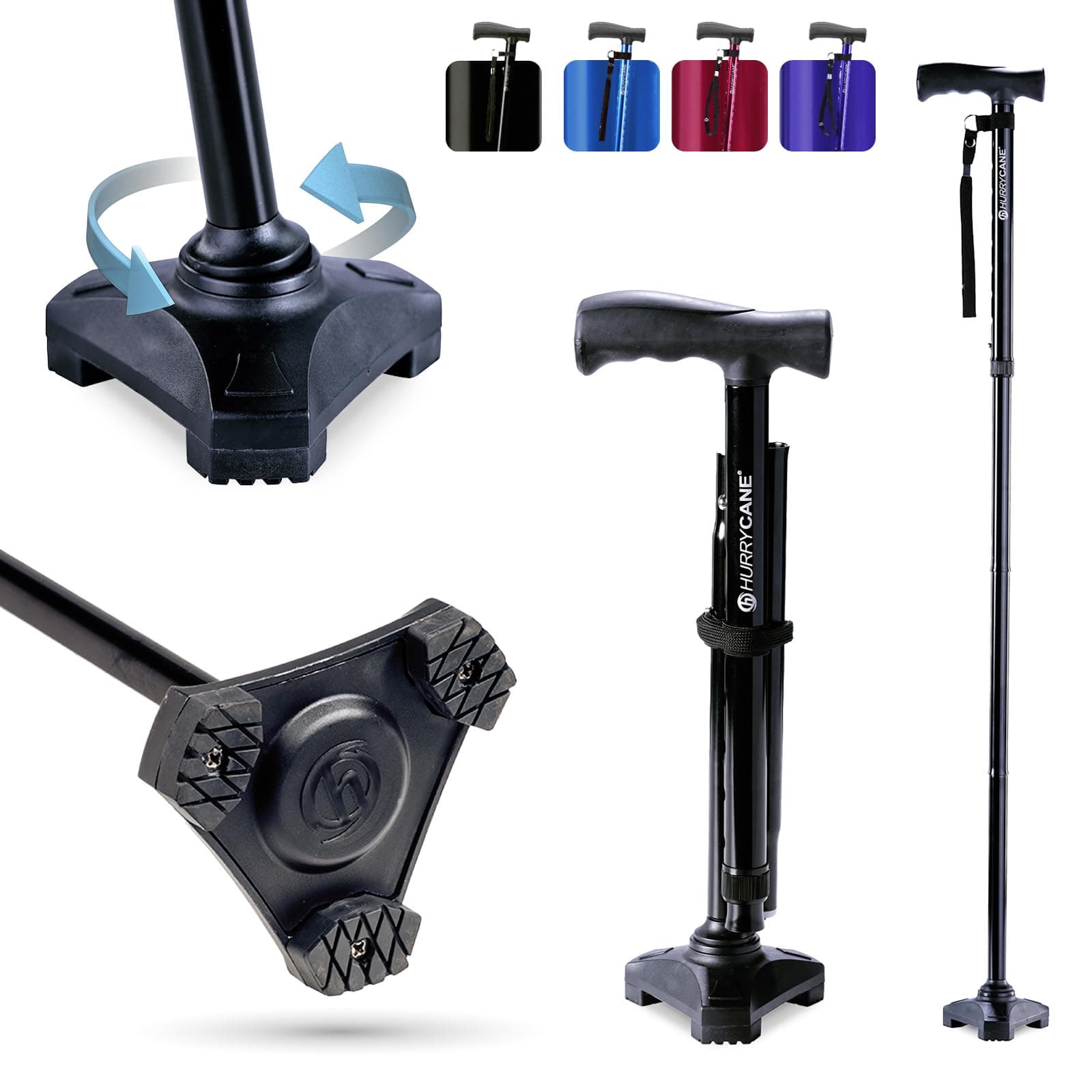 HurryCane Freedom Edition Foldable Walking Cane with T Handle Black 1 Count (Pack of 1)