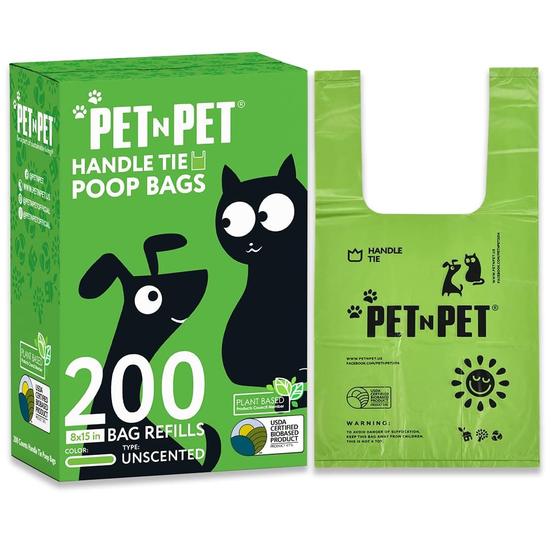 Pet N Pet 200 Counts Unscented Dog Poop Bags Rolls with Tie Handles, 41% Plant Based & 59% PE Poop Bags for Dogs, Extra-Thick Doggie Poo Bag, Pet Waste Bag 200 Unscented with Handle 200 Count (Pack of 1)