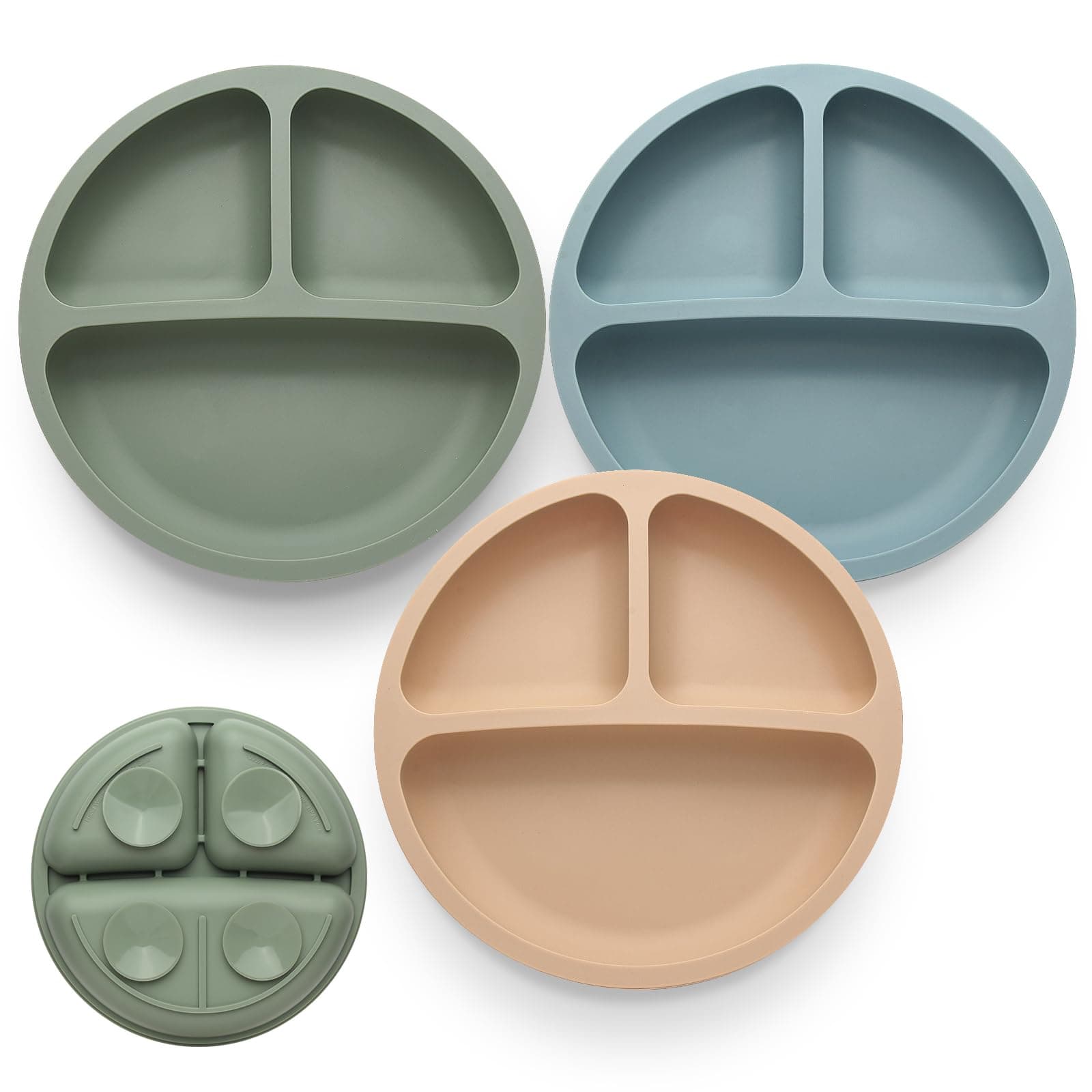 Toddler Plates 3 Pack, Divided Suction Plates for Baby, 100% Food Grade Silicone Baby Plates, Non-Slip, Baby Led Weaning Supplies, Microwave & Dishwasher Safe Blue