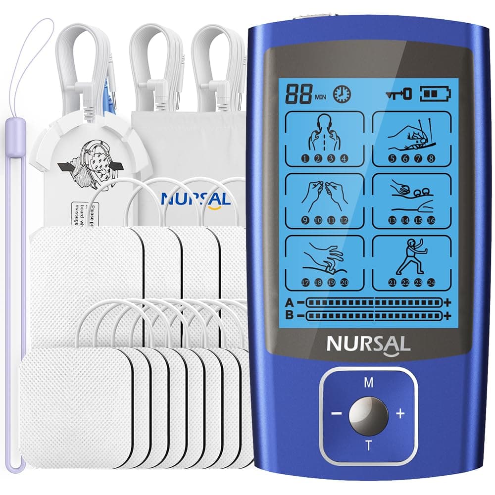 NURSAL TENS EMS Unit Muscle Stimulator for Pain Relief Therapy, Electric 24 Modes Dual Channel TENS Machine Pulse Massager with 12 Pcs Electrode Pads/Continuous Stable Mode/Memory Function Blue