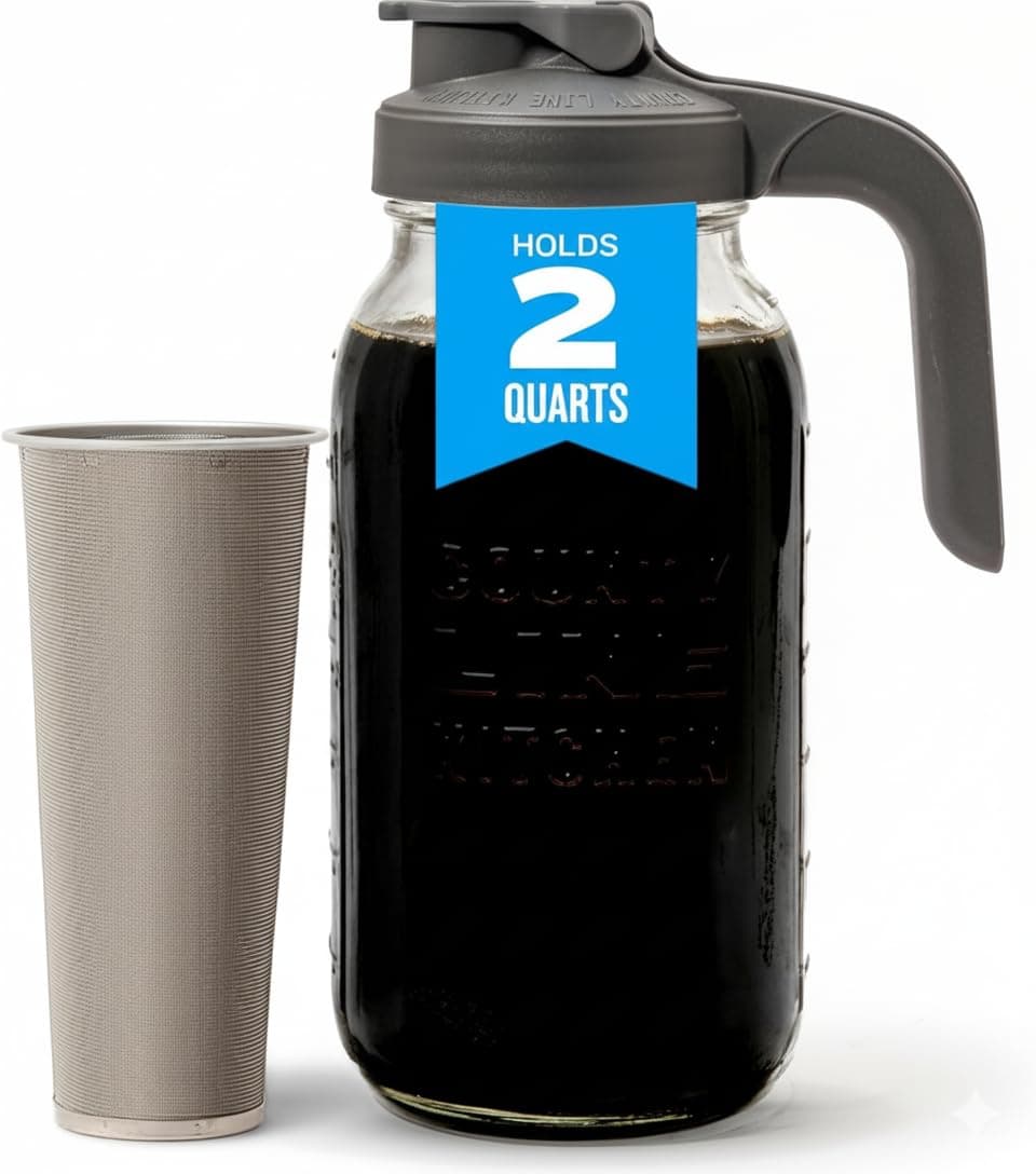 County Line Kitchen Glass Cold Brew Coffee Maker with Lid - Wide Mouth, 2 Quart (64 oz) - Heavy Duty, Leak Proof - Sun & Iced Tea Pitcher, Cold Brew Coffee, Breast Milk Storage, Water - Gray 64 Ounces Gray