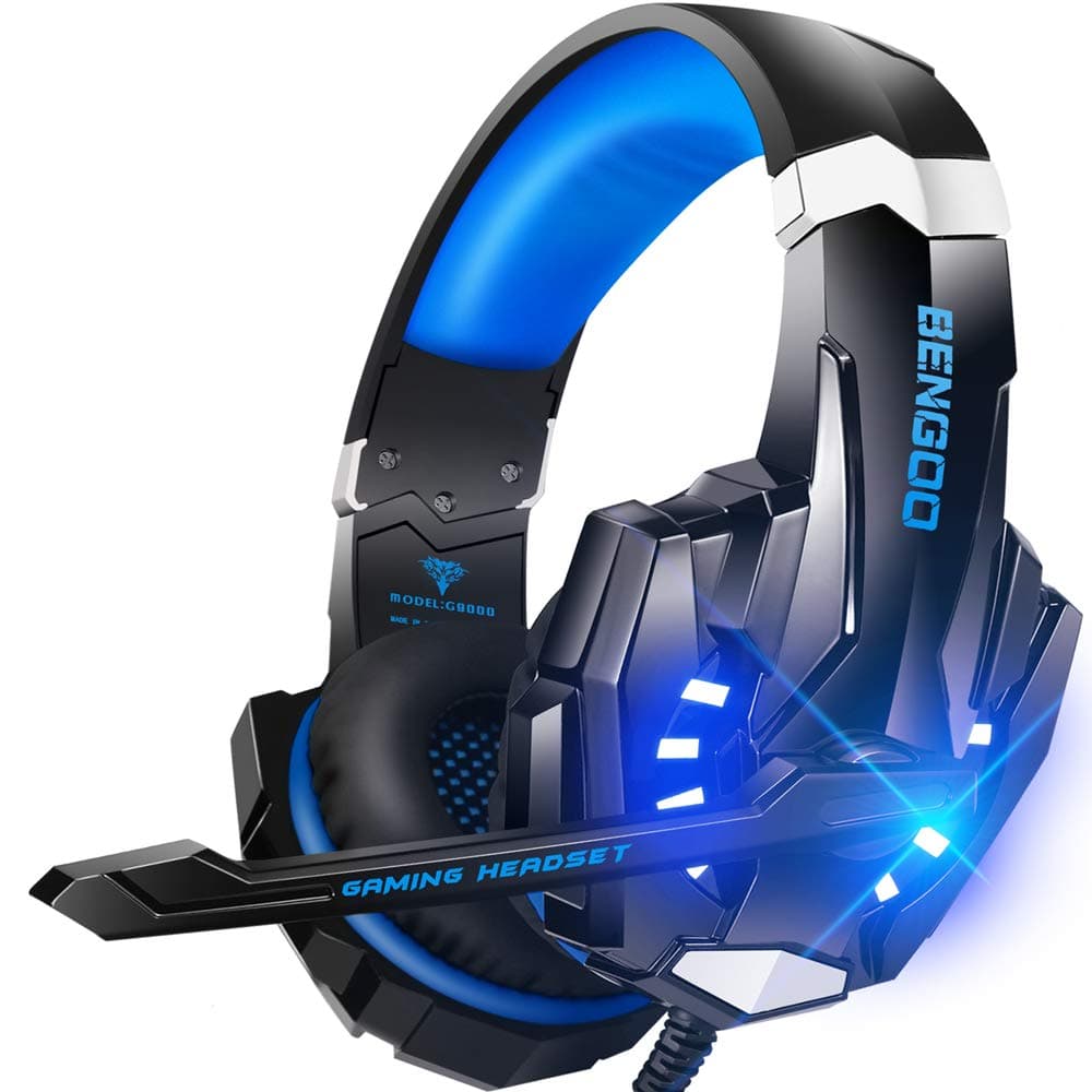 BENGOO G9000 Stereo Gaming Headset for PS4 PC Xbox One PS5 Controller, Noise Cancelling Over Ear Headphones with Mic, LED Light, 7.1 Surround Sound, Soft Memory Earmuffs for Nintendo Xbox Series X|S Blue