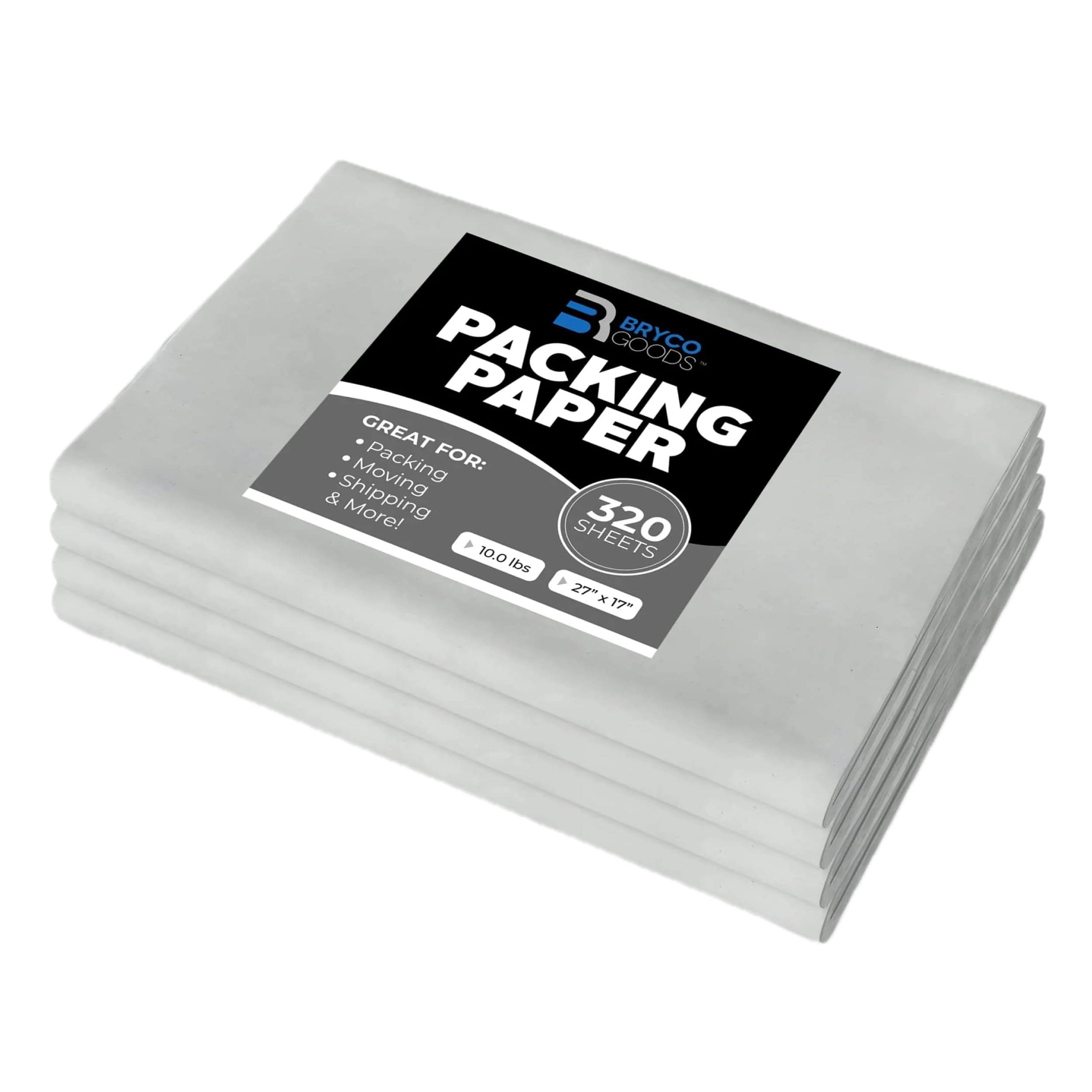 Bryco Goods Newsprint Packing Paper Sheets for Moving - 10lb - 320 Sheets of Newspaper Paper - Wrapping and Protecting Fragile Items, Box Filler, Shipping Supplies - 27" x 17" - Made in the USA 27" x 17" (320 Sheets)