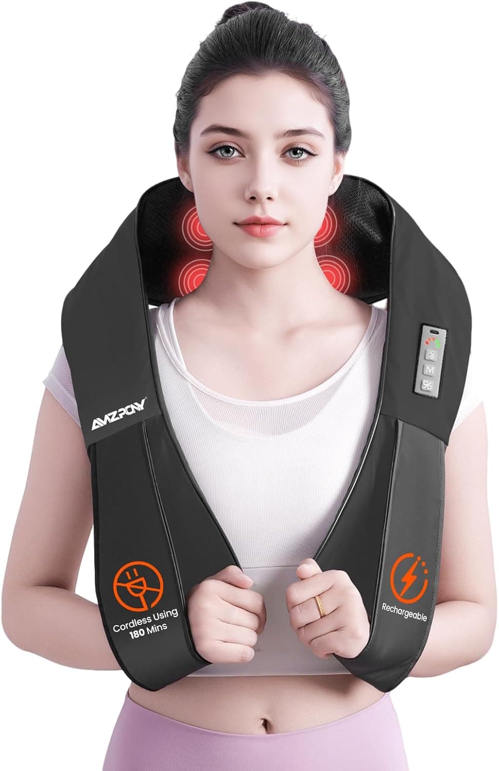 AMZPONY® Cordless Neck Massager for Pain Relief Deep Tissue, Rechargeable Shiatsu Neck and Back Massager with Heat Kneading Shoulder Massage for Body Muscle Pain Relief,Gifts for Dad Mom Friends Black