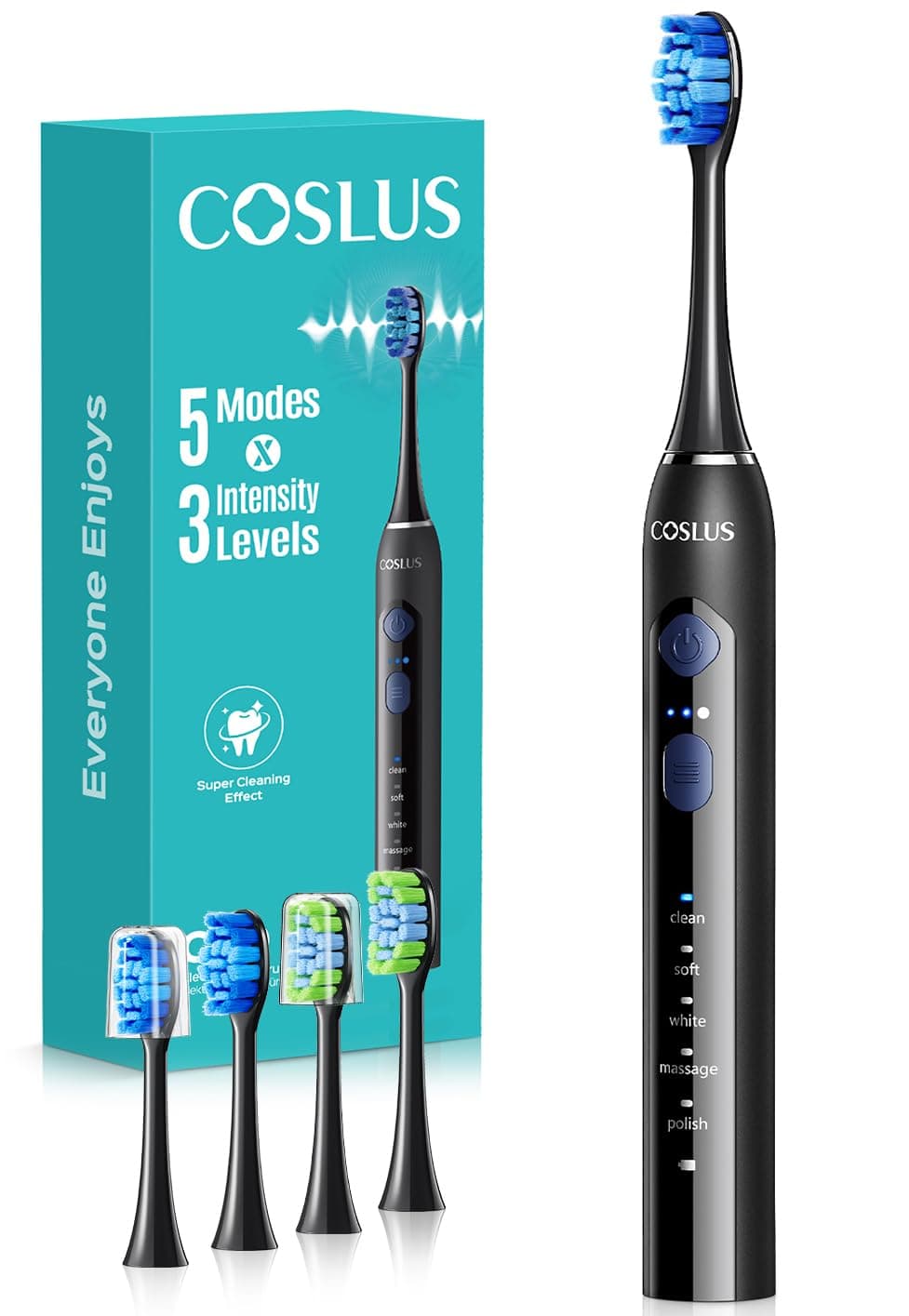 COSLUS Sonic Electric Toothbrush for Adults: 3 Intensities & 5 Modes Gum-Friendly for Deep Cleaning & Whitening - 2 Types of Heads for Family, Sensitive Teeth, Braces, Travel & Home Use, Black