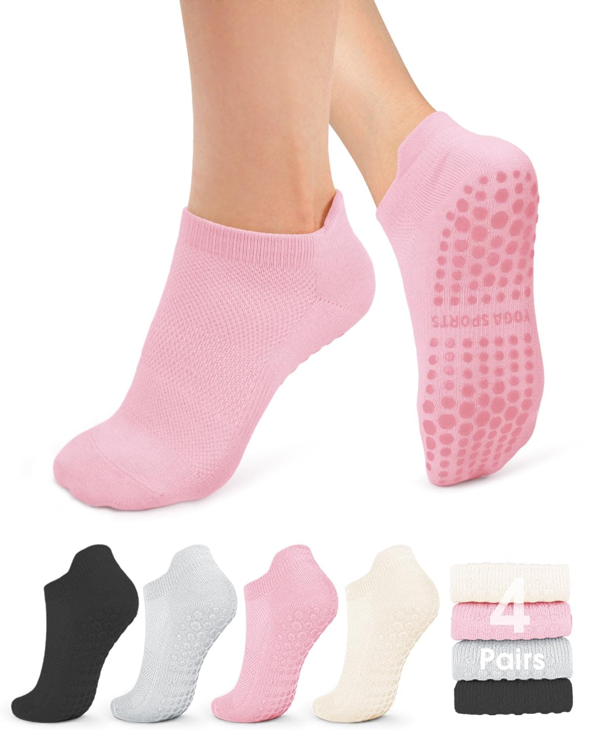 YeuG 4/6 Pairs Pilates Socks for Women - Non Slip Grip Socks for Yoga, Barre, Hospital, Barefoot Small-Medium B01-black/Light Grey/Light Pink/Ivory White