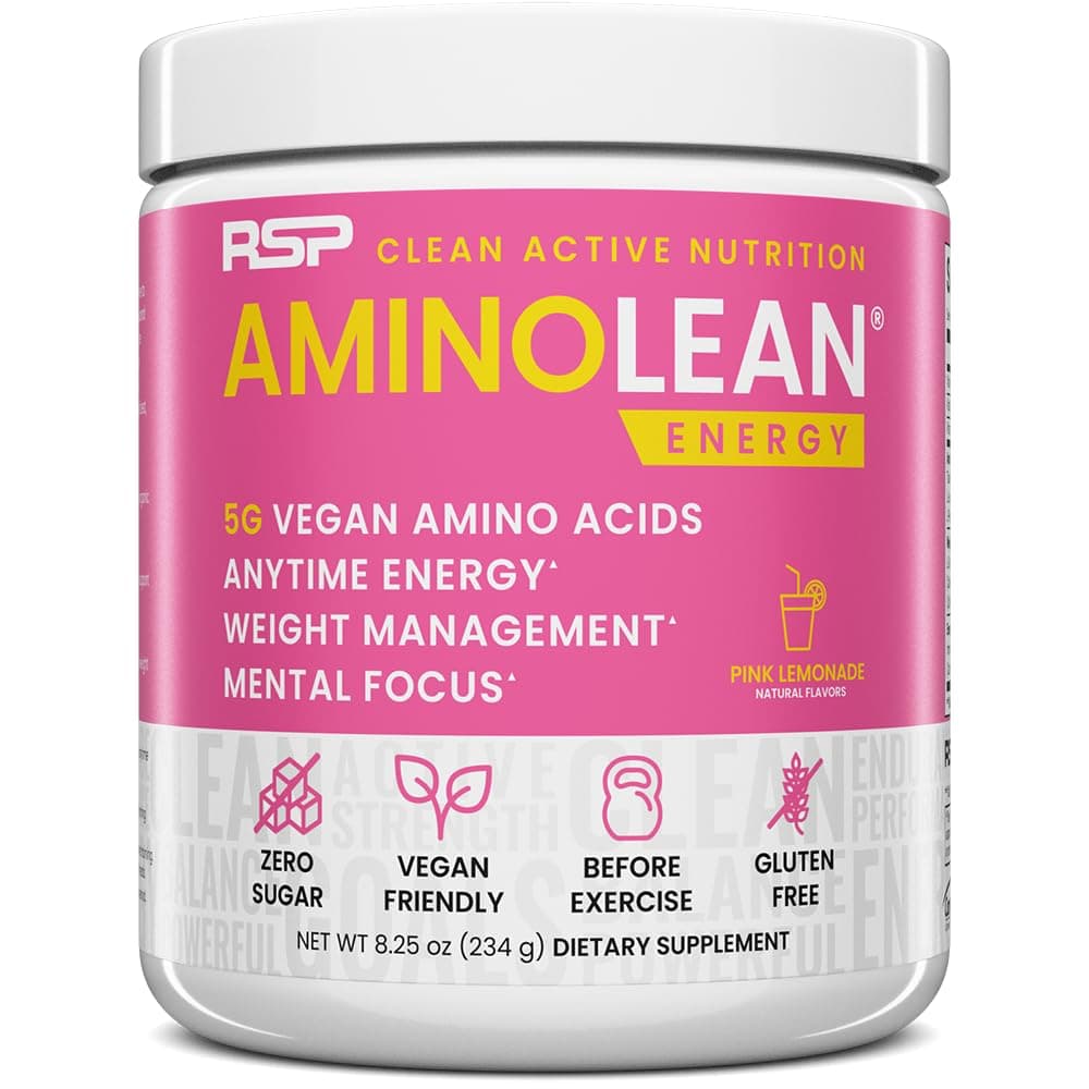 RSP NUTRITION AminoLean Pre Workout Powder, Amino Energy & Weight Management with Vegan BCAA Amino Acids, Natural Caffeine, Preworkout Boost for Men & Women, 30 Serv, Pink Lemonade… Pink Lemonade 8.68 Ounce (Pack of 1)