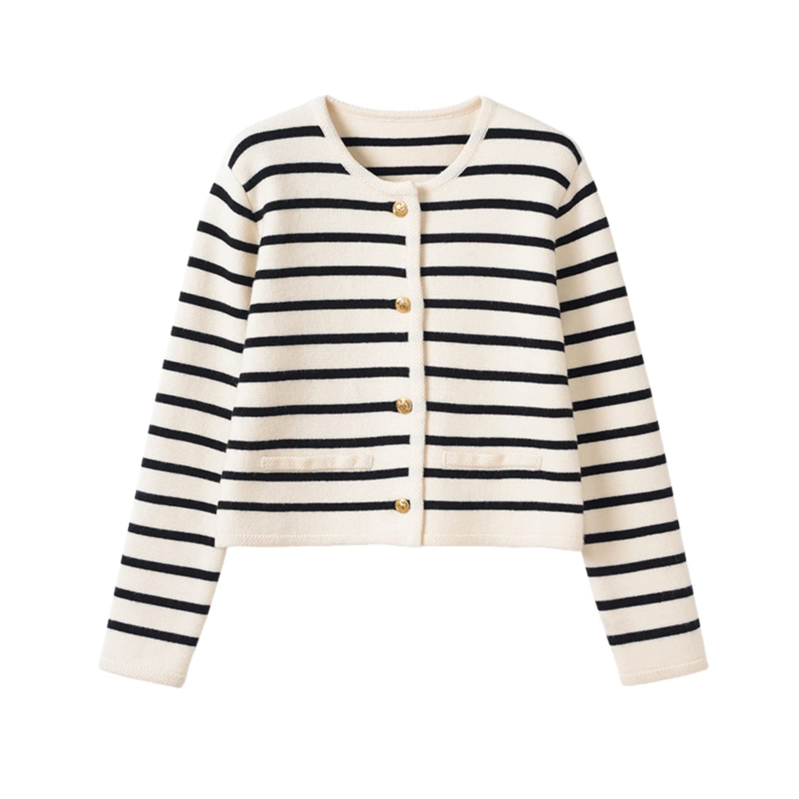 2023 Women's Long Sleeve Striped Sweater Button Cardigan Knitted Open Coat Outwear with Pockets