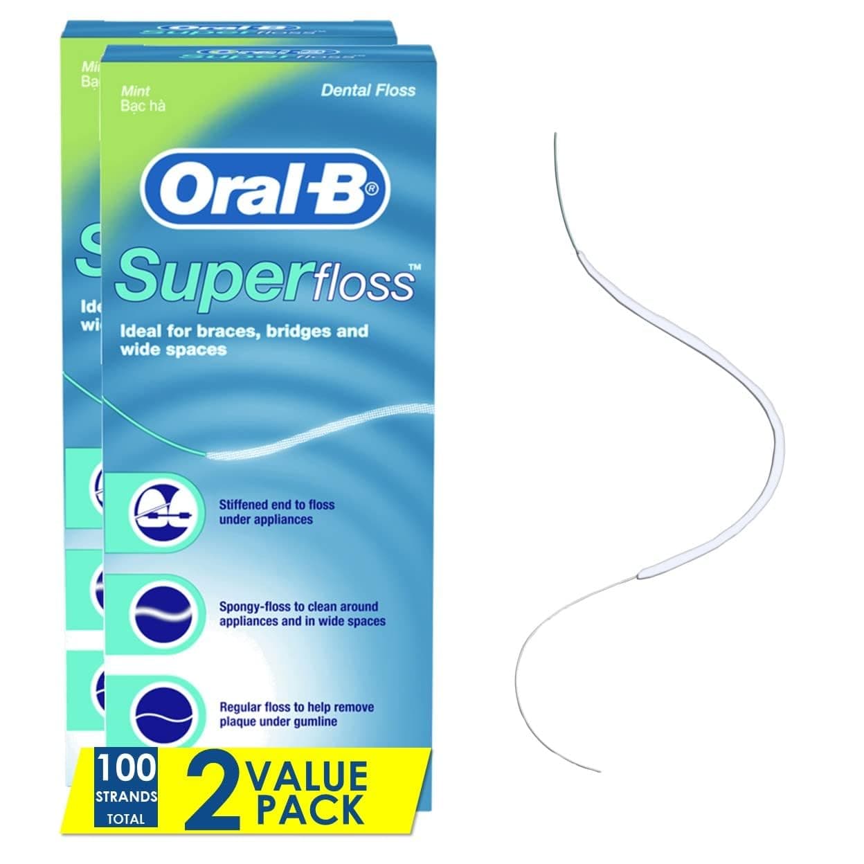 Oral-B Dental Floss for Braces, Super Floss Pre-Cut Strands, Mint, 50 Count, Pack of 2 Mint 50 Foot (Pack of 2)