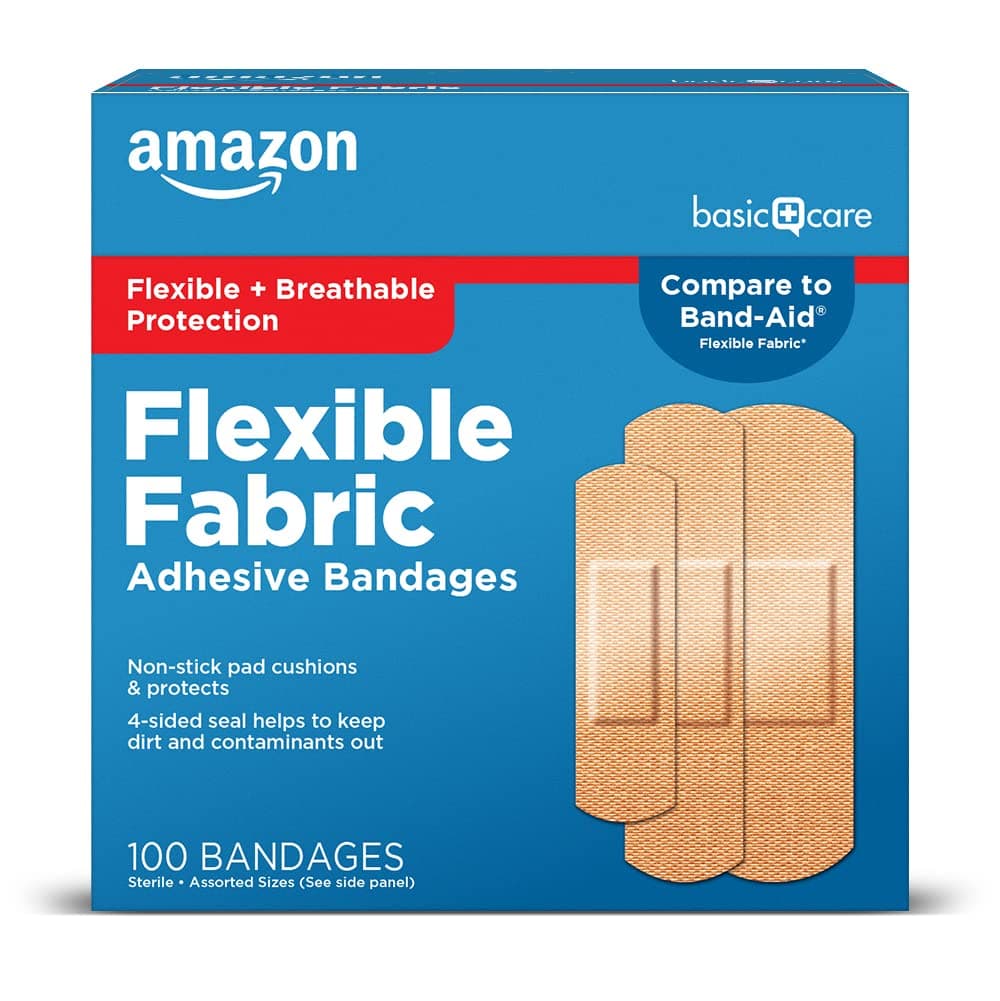 Amazon Basic Care Flexible Fabric Adhesive Bandages, First Aid and Wound Care Supplies, Assorted Sizes, 100 Count 100 Count (Assorted)
