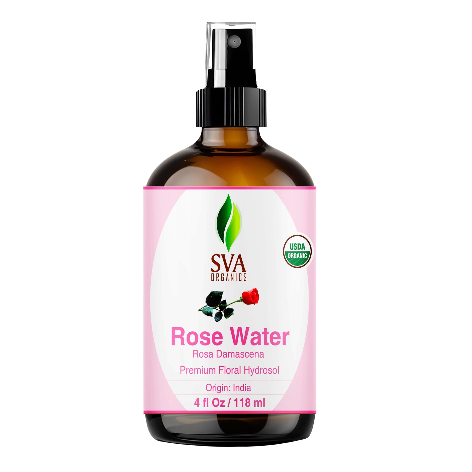 SVA ORGANICS Rose Water 4oz (118 ml) Refreshing Rose Water Spray for Skin Care, Skin Hydration, Bath, Soaps, Haircare & Aromatherapy Rose 4 Fl Oz (Pack of 1)