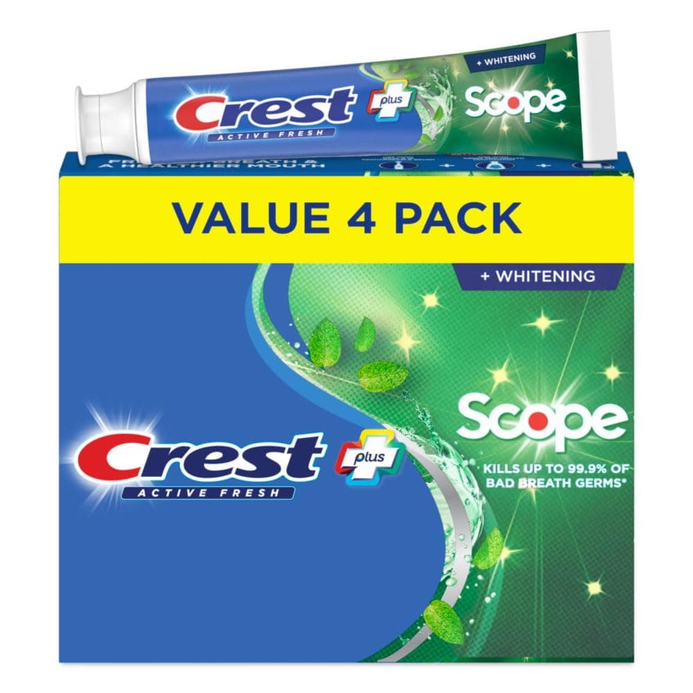 Crest Whitening Plus Scope, Complete Active Fresh + Whitening Toothpaste, 5.5oz, Toothpaste Sensitive Teeth, Pack of 4 5.5 Ounce (Pack of 4)