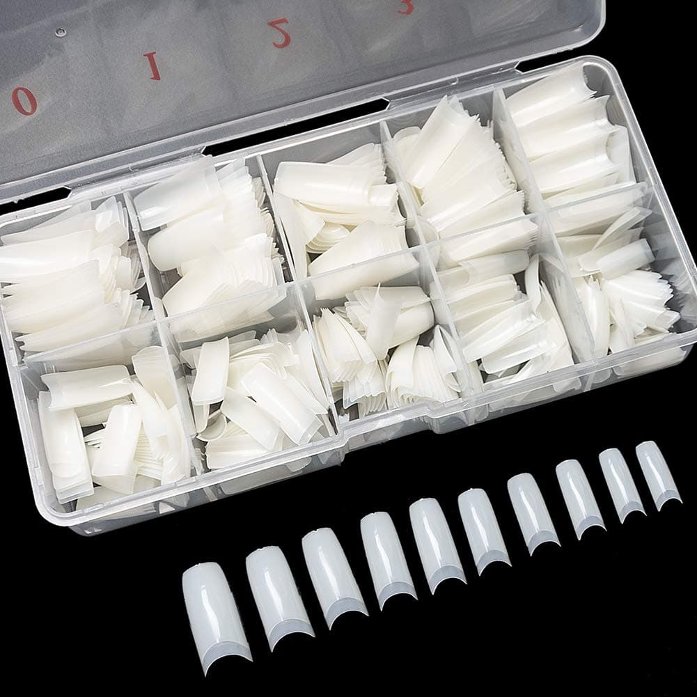 krofaue 500PCS Half Cover False Nails Tips - Acrylic Nail Tips 10 Sizes Lady French Style Acrylic Artificial Tip Manicure with Box for Nail Tips Art Salons and Home DIY Natural