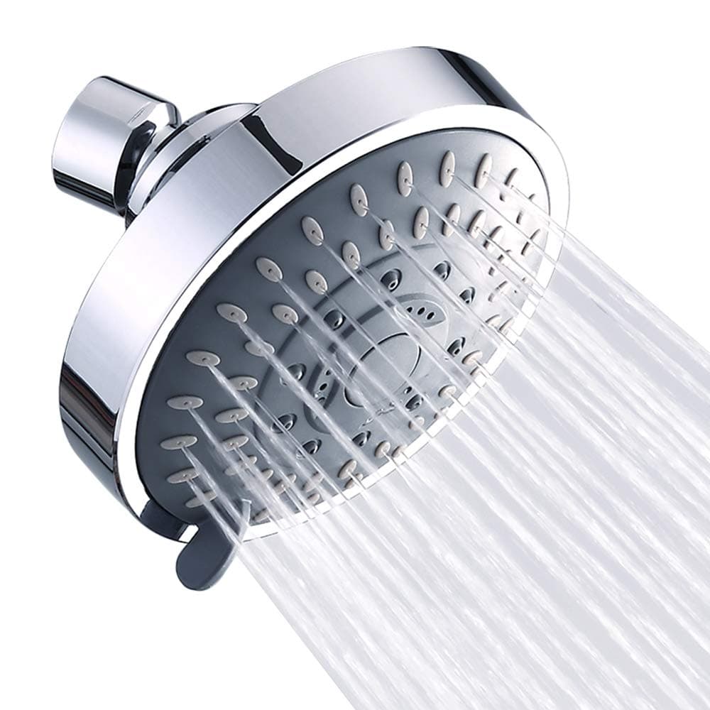 Aisoso Shower Head High Pressure Rain Fixed Showerhead 5-Setting with Adjustable Metal Swivel Ball Joint - Relaxed Shower Experience Even at Low Water Flow & Pressure 4.1 Inch-1PC Chrome