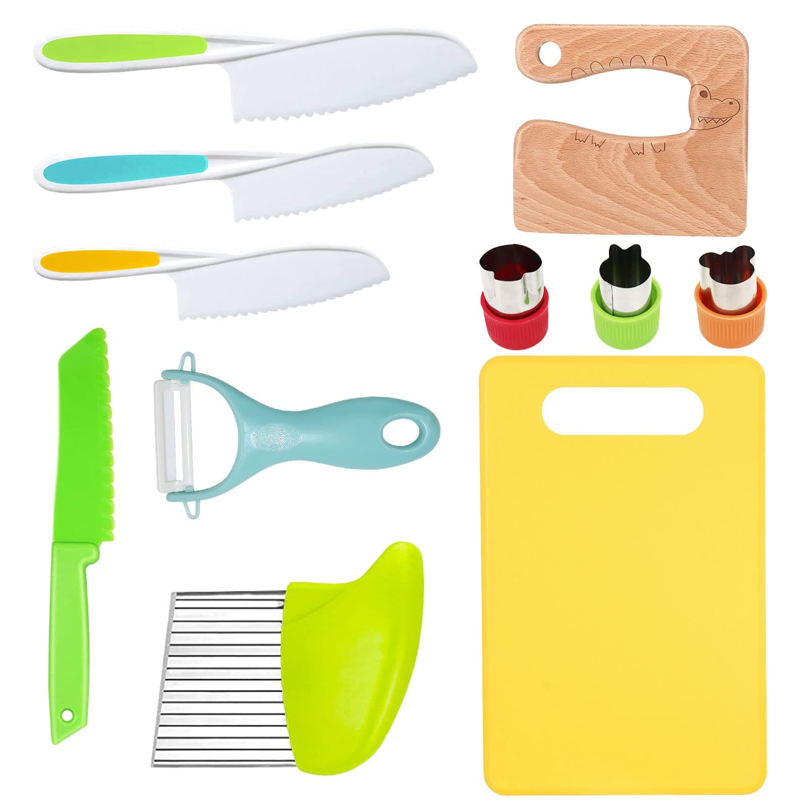 RISICULIS 11 Pieces Wooden Kids Kitchen Knife, Kids Kitchen Set Include Wood Knife, Serrated Edges Plastic Toddler Knife, Kids Kitchen Accessories, Montessori Cooking Christmas Gifts for Boys Girls 11 Pcs Kids Kitchen Set