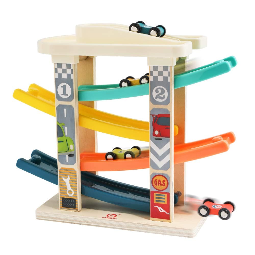 TOP Bright Toddler Wooden Race Track Car Ramp Toys for 1 2 Year Old Baby Motor Skills Race Tracks Car Ramp Vehicle Playsets with 4 Mini Cars and 1 Car Garage 4 Car Ramps