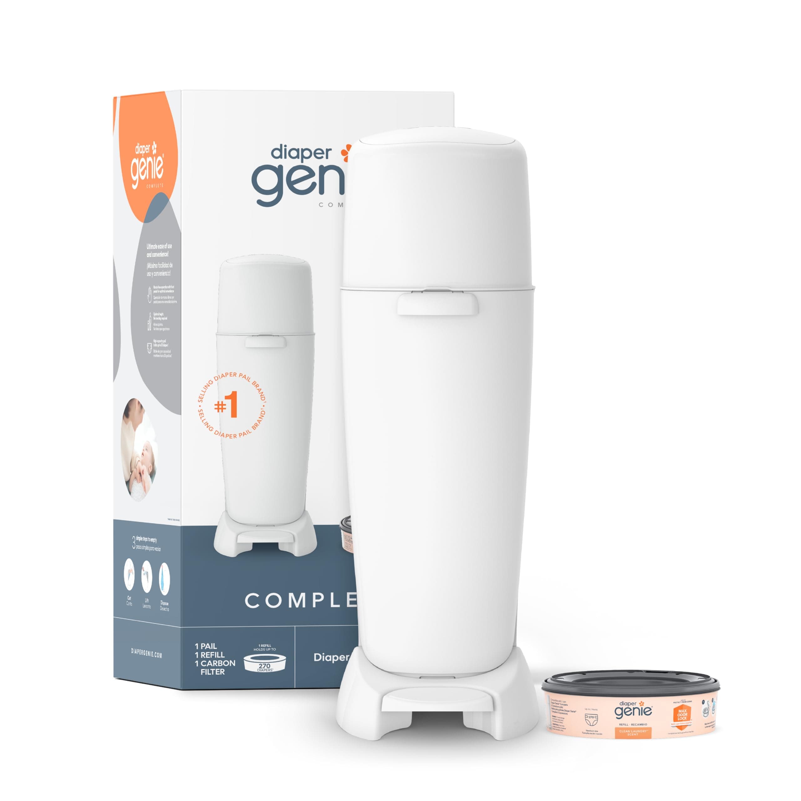 Playtex Diaper Genie Complete Pail with Built-In Odor Controlling Antimicrobial, Includes Pail & 1 Refill, White , 8.36 Pound White Pail + 1 Refill