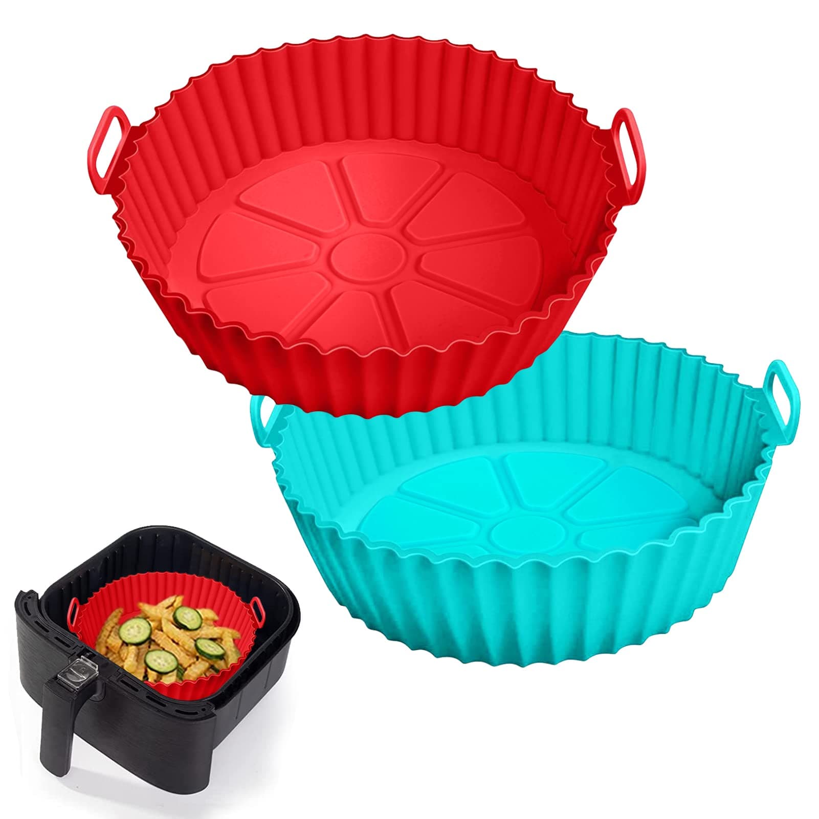 2 Pack Air Fryer Silicone Liners Pot for 3 to 5 QT, Basket Bowl, Replacement of Flammable Parchment Paper, Reusable Baking Tray Oven Accessories, Red+Blue, (Top 8in, Bottom 6.75in) Red+Blue For 3 to 5 QT