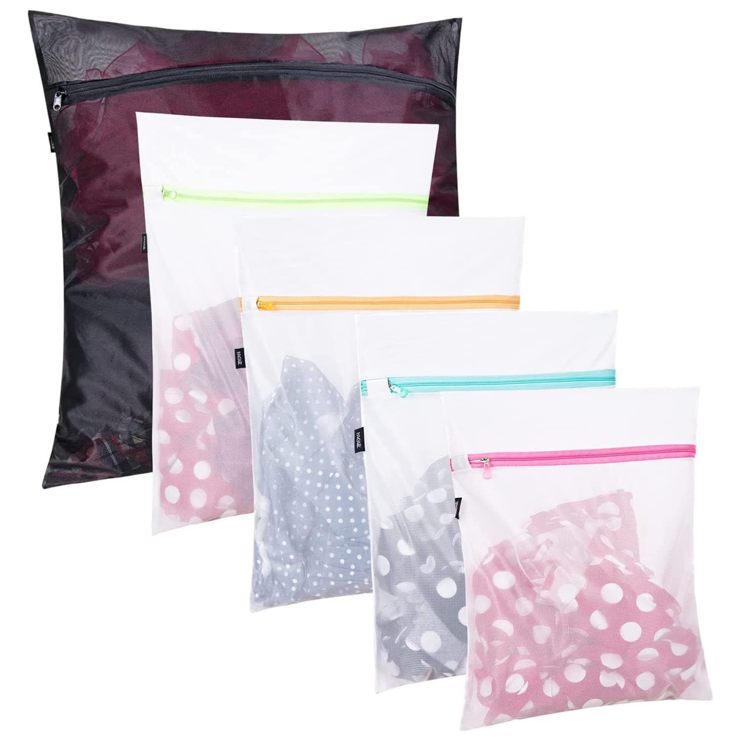 BAGAIL Laundry Bags Mesh Wash Bag for Intimates Lingerie and Delicates, 5Pcs (1XL,2L,2M) Pearl White-Fine Mesh 2M,1XL,2L