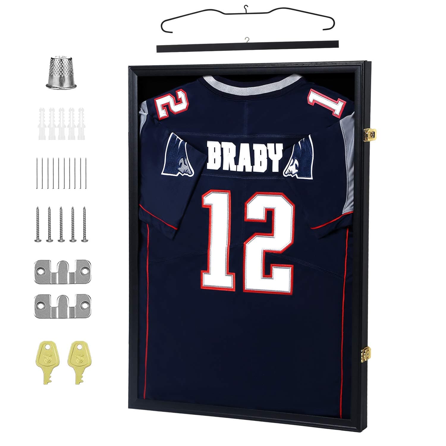 IHEIPYE Jersey Display Frame Case Lockable, Large Sport Jersey Shadow Box with 98% UV Protection Acrylic and Hanger for Baseball Basketball Football Soccer Hockey Shirt and Uniform,Black Standard Jersey-Felt Lining-1 Pack