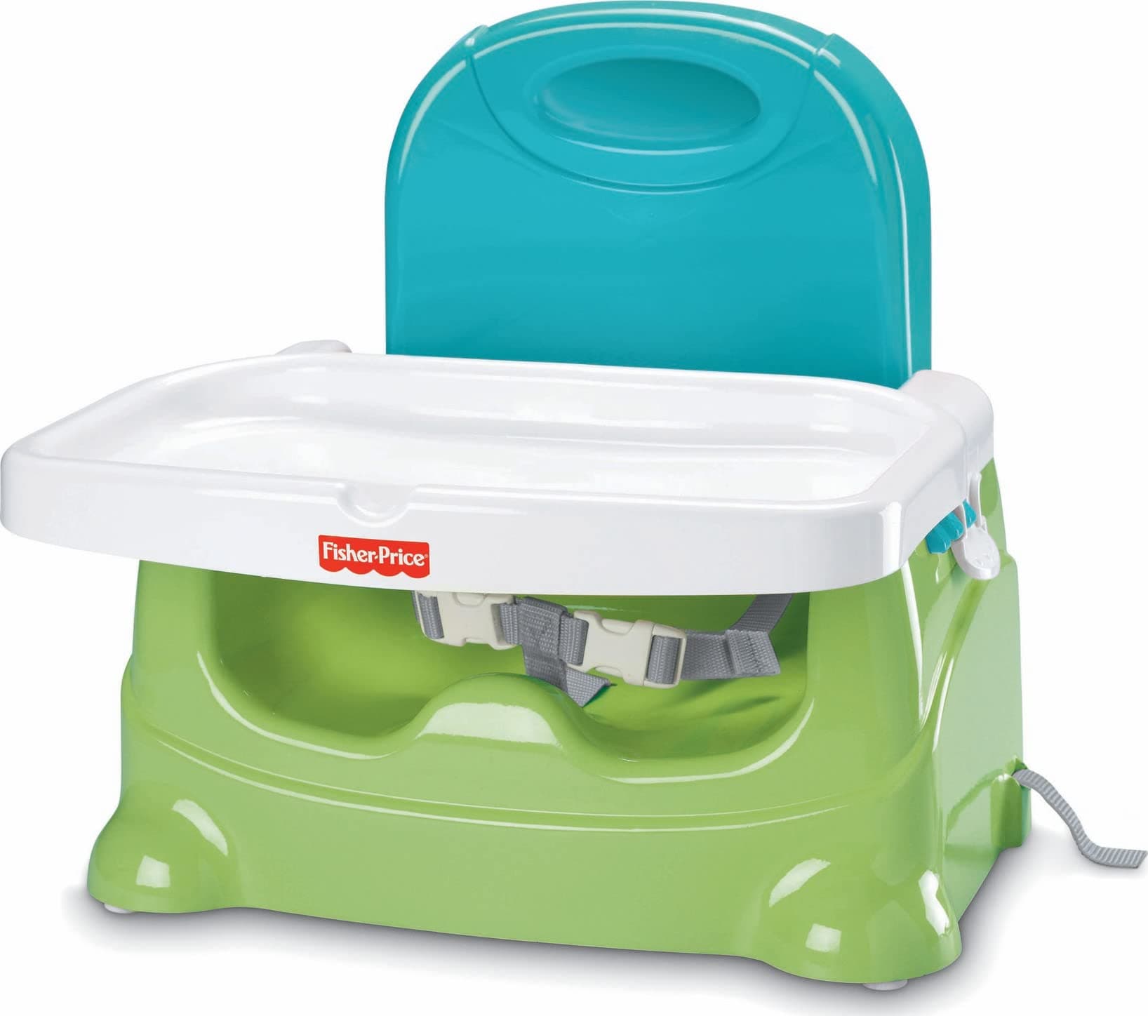 Fisher-Price Toddler Booster Seat Healthy Care, Green Adjustable Chair for Dining Table & Travel with Baby, Dishwasher Safe Tray Blue/Green