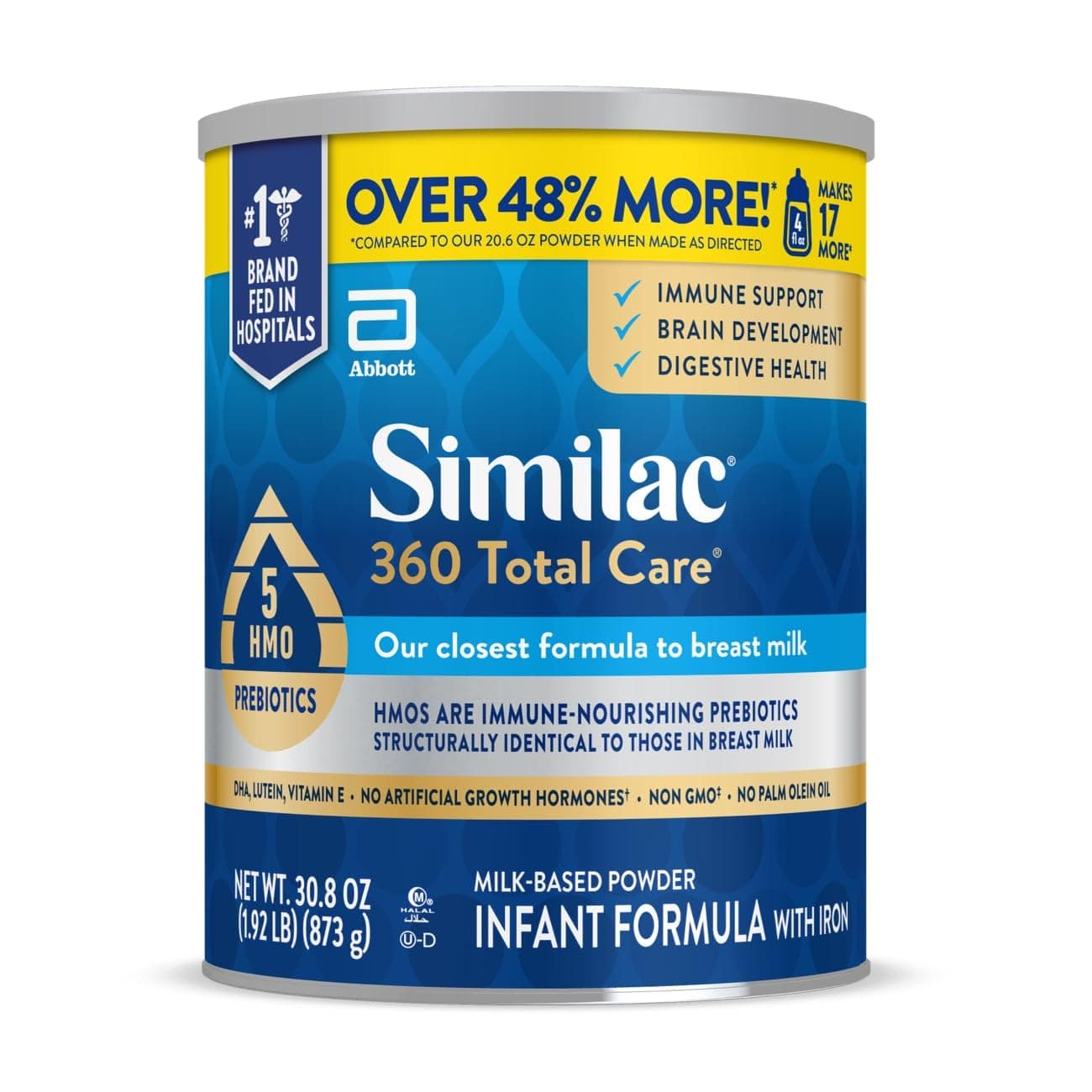 Similac 360 Total Care Infant Formula, Has 5 HMO Prebiotics, Our Closest Prebiotic Blend to Breast Milk, Non-GMO, Baby Formula Powder, 30.8-oz Value Can 30.8oz (1 Count)