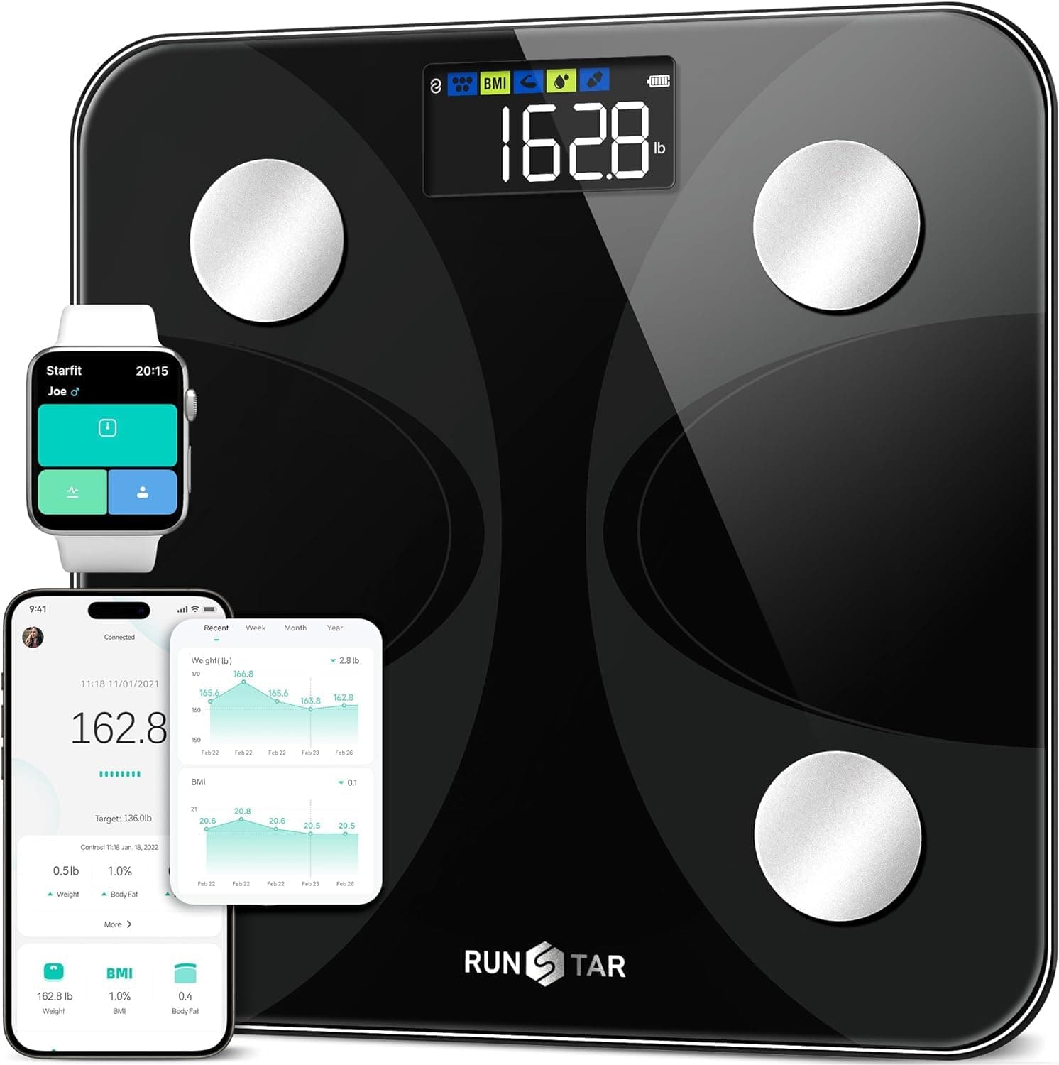 Scale for Body Weight and Fat Percentage, RunSTAR Digital Accurate Bathroom Smart Scale with Large Display, FSA&HSA Eligible 13 Body Composition Analyzer Sync App Black