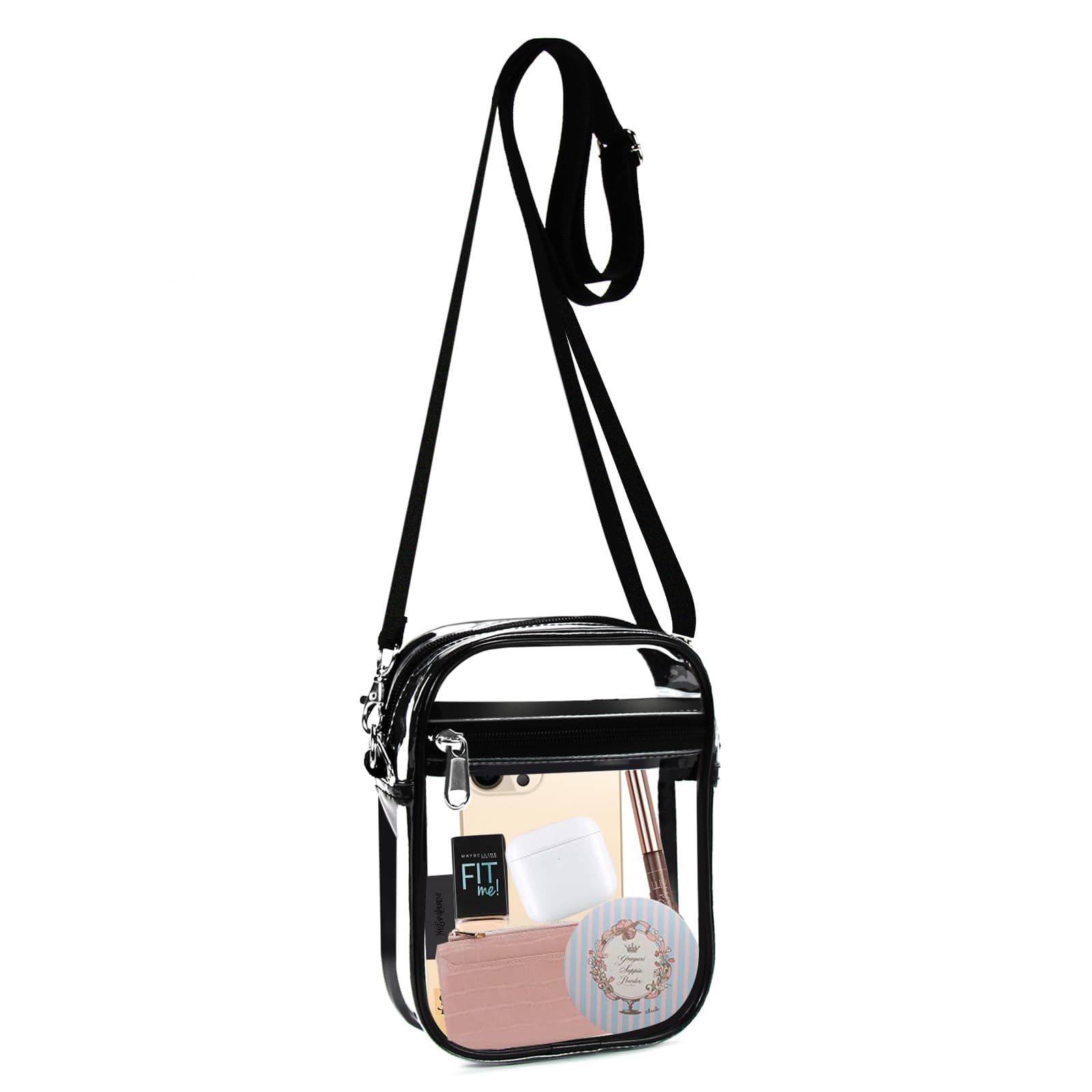 Fibrdoo Clear Crossbody Purse Bag, Clear Bag Stadium Approved with Front Pocket for Concerts Sports Festivals Black-small