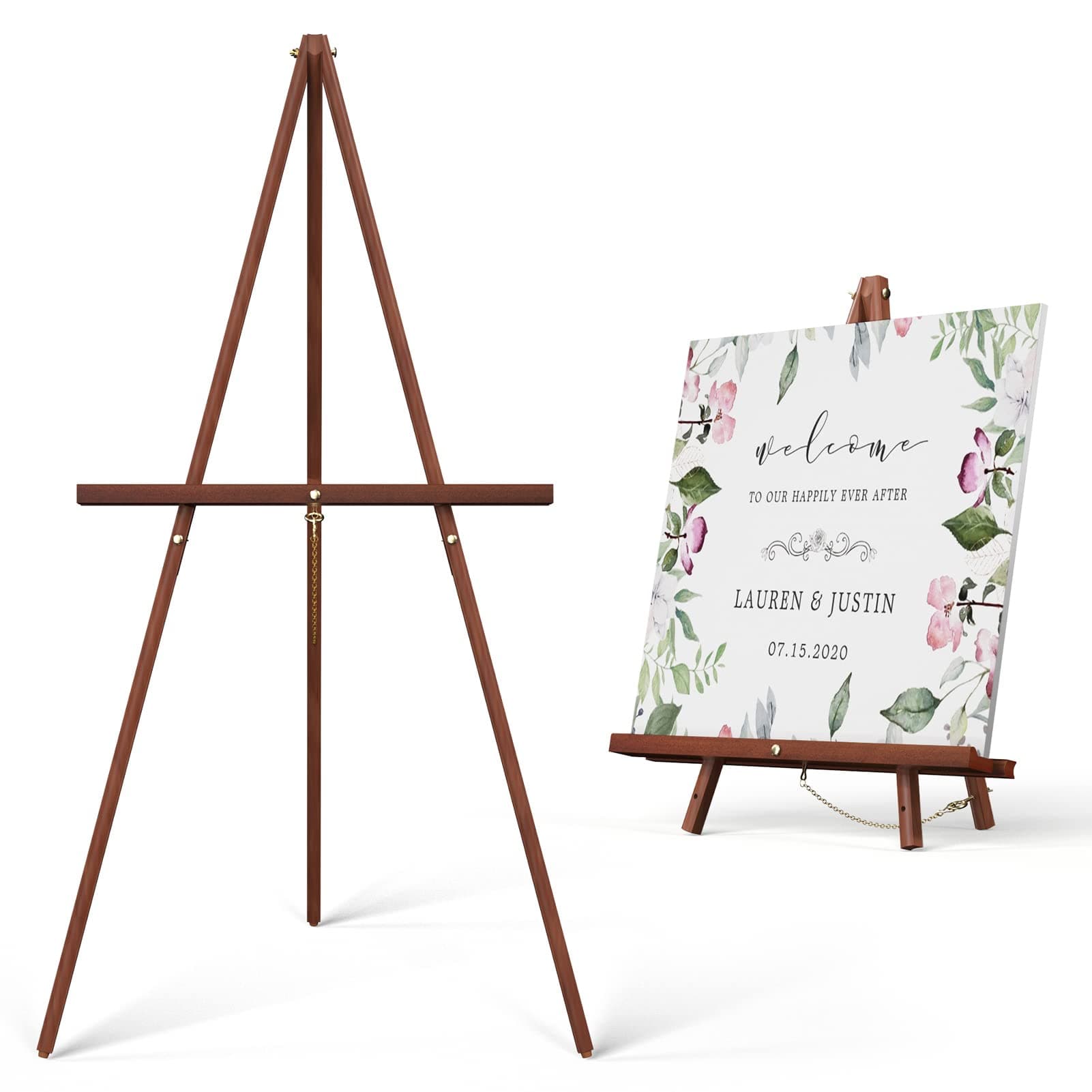 Art Easel Wooden Stand - 63" Tripod Display Artist Wood Easel - Adjustable Floor Stand for Wedding Welcome Sign, Painting, Drawing Board, Display Show - Brown