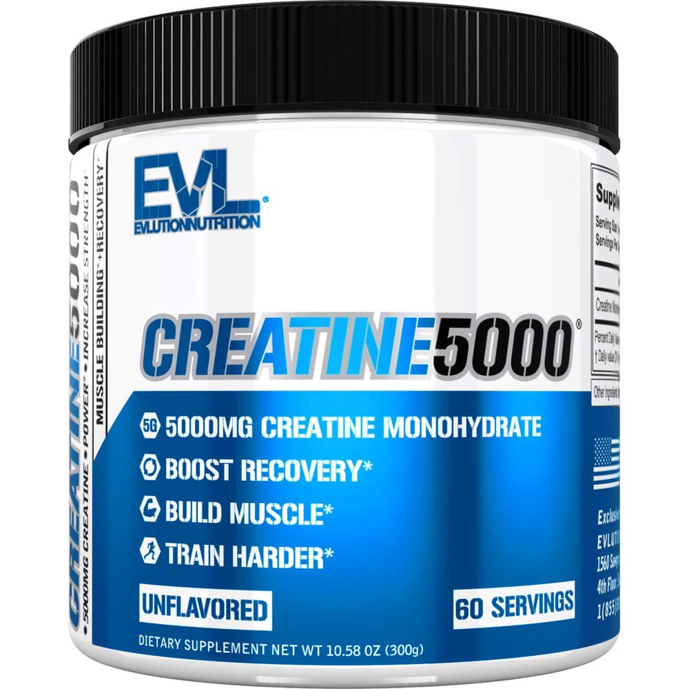 Evlution Nutrition Creatine 5000 - Supports Faster Recovery, Lean Muscle Growth & Performance - Pre & Post Workout Powder - 5000mg Pure Creatine Monohydrate Per Serving - 60 Servings - Unflavored 60 Servings Unflavored