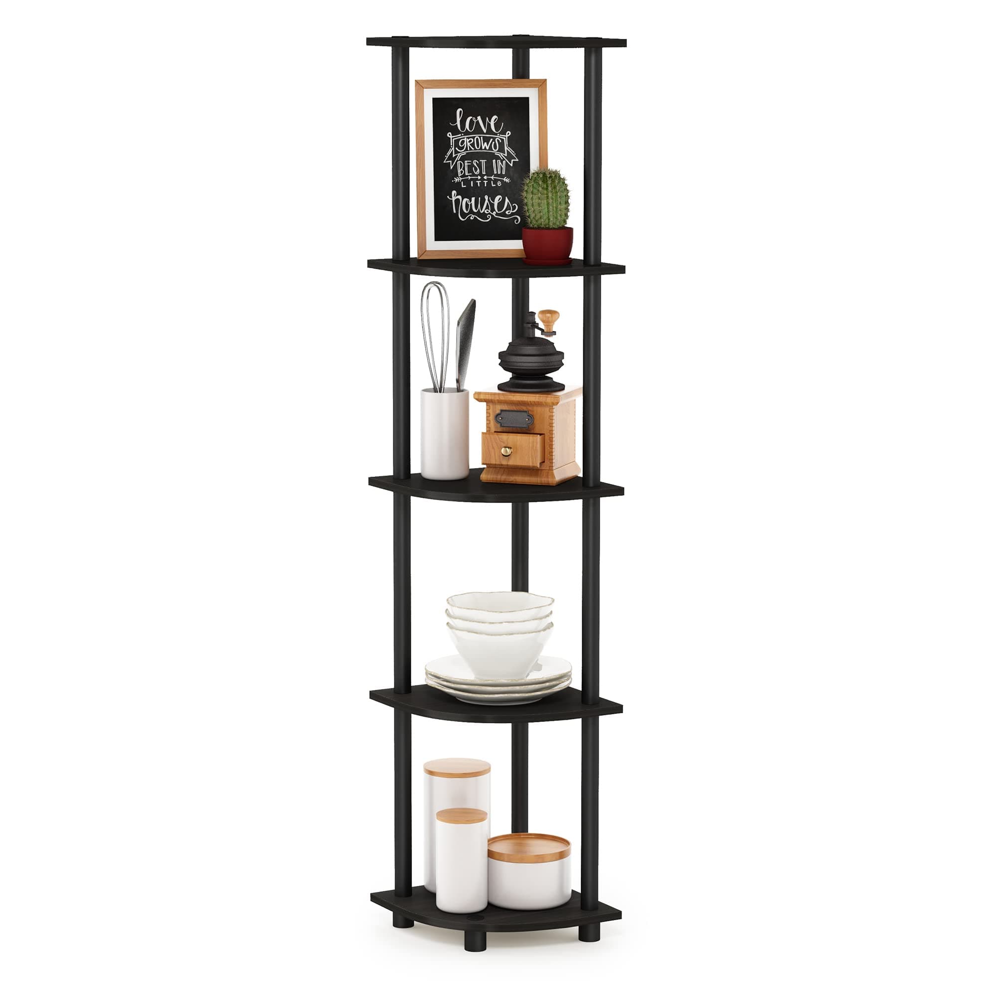 Furinno TURN-N-TUBE Corner Shelf, 5-Tier Corner Bookshelf, Open Storage Shelves, for Organization and Storage, Living Room, Home Office, Garage, Bedroom, Espresso Espresso/Black 5-Tier Round Tube