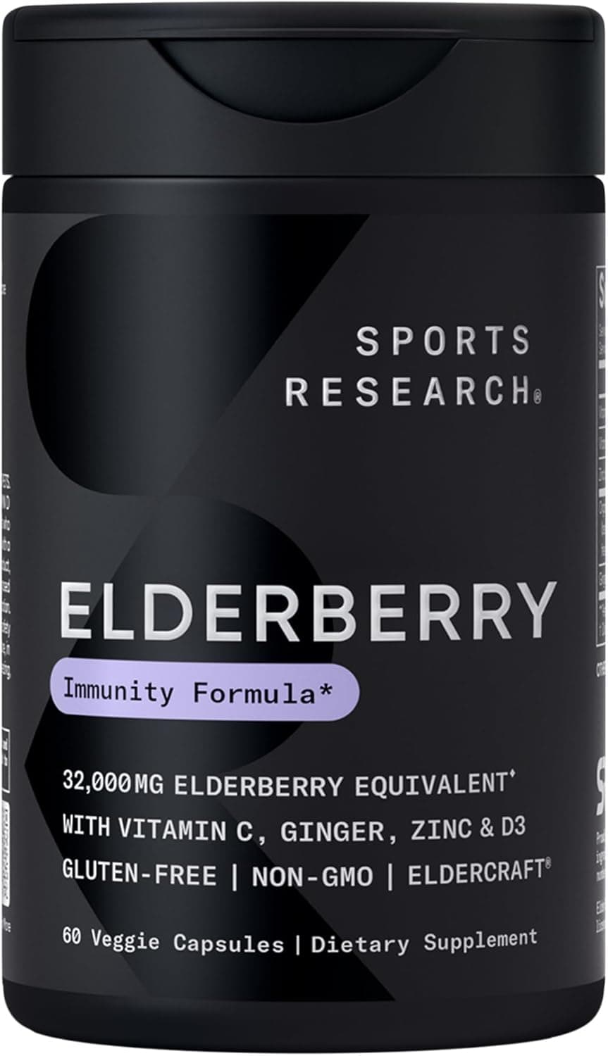 Sports Research® Daily Immune Support Elderberry with Zinc, Vitamin C, Ginger & Vitamin D3 5000iu - Gluten Free · Non-GMO Verified · Soy Free - 60 Veggie Capsules