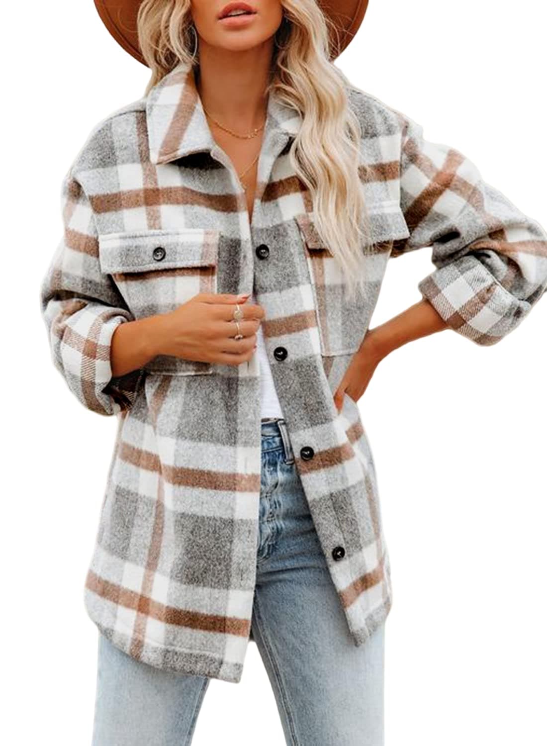 Beaully Women's Flannel Plaid Shacket 2025 Fall Outfits Long Sleeve Button Down Shirts Jacket Coats with Side Pockets Khaki Grey Medium