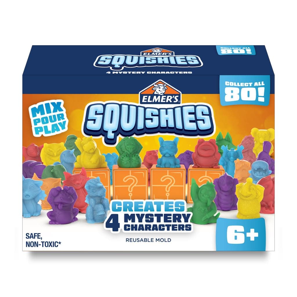 Elmer's Squishies Kids’ DIY Activity Kit, Creates 4 Mystery Characters, 24 Piece Kit, for Ages 6 and Up, Perfect for Stress Relief and Sensory Play multi 4 Squishies