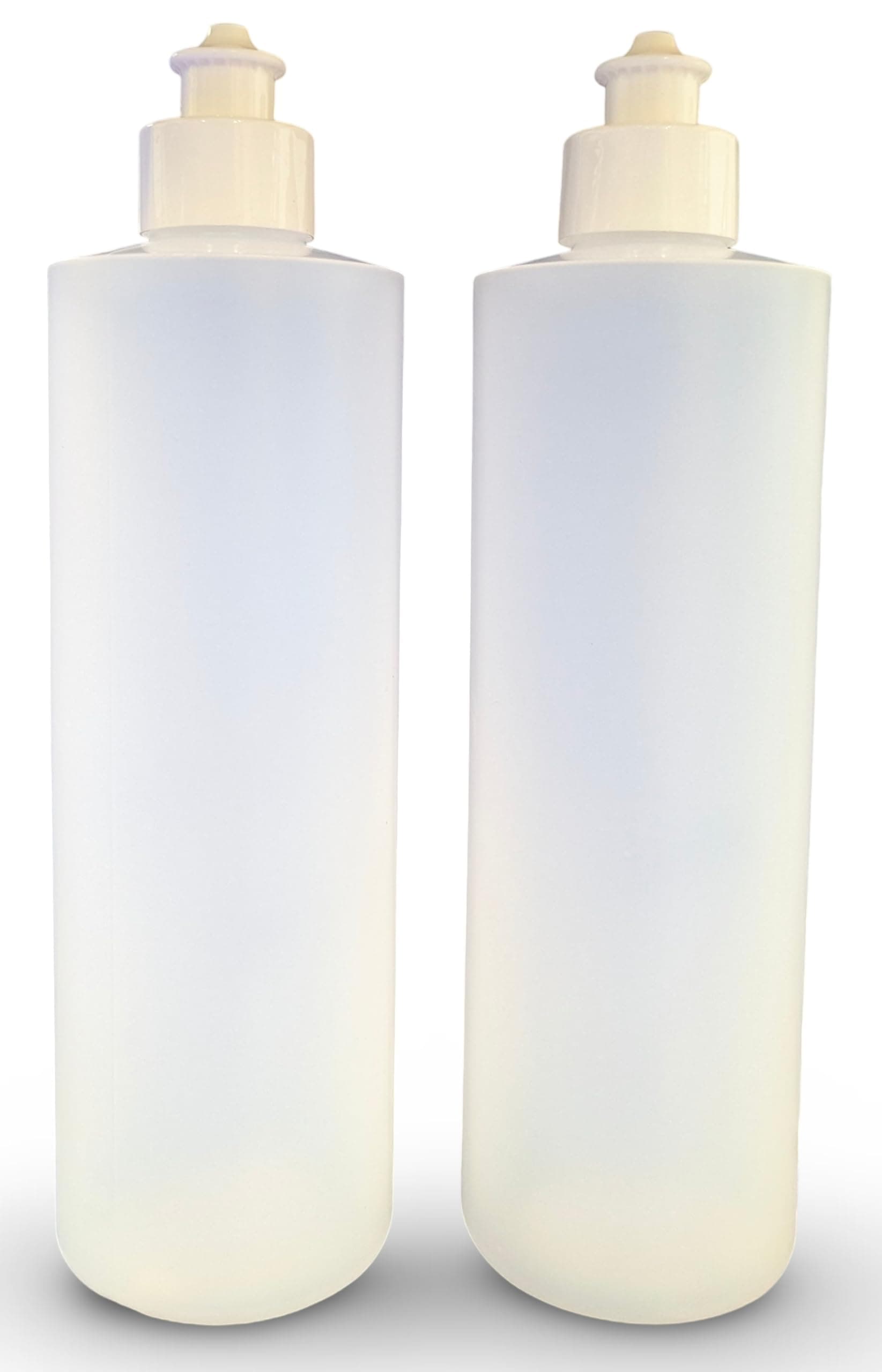 Earth's Essentials 2 Pack Refillable 16 Ounce HDPE Squeeze Bottles With Push/Pull Button Top Dispenser Caps-Great For Lotions, Shampoos, Conditioners and Massage Oils From (White Cap)