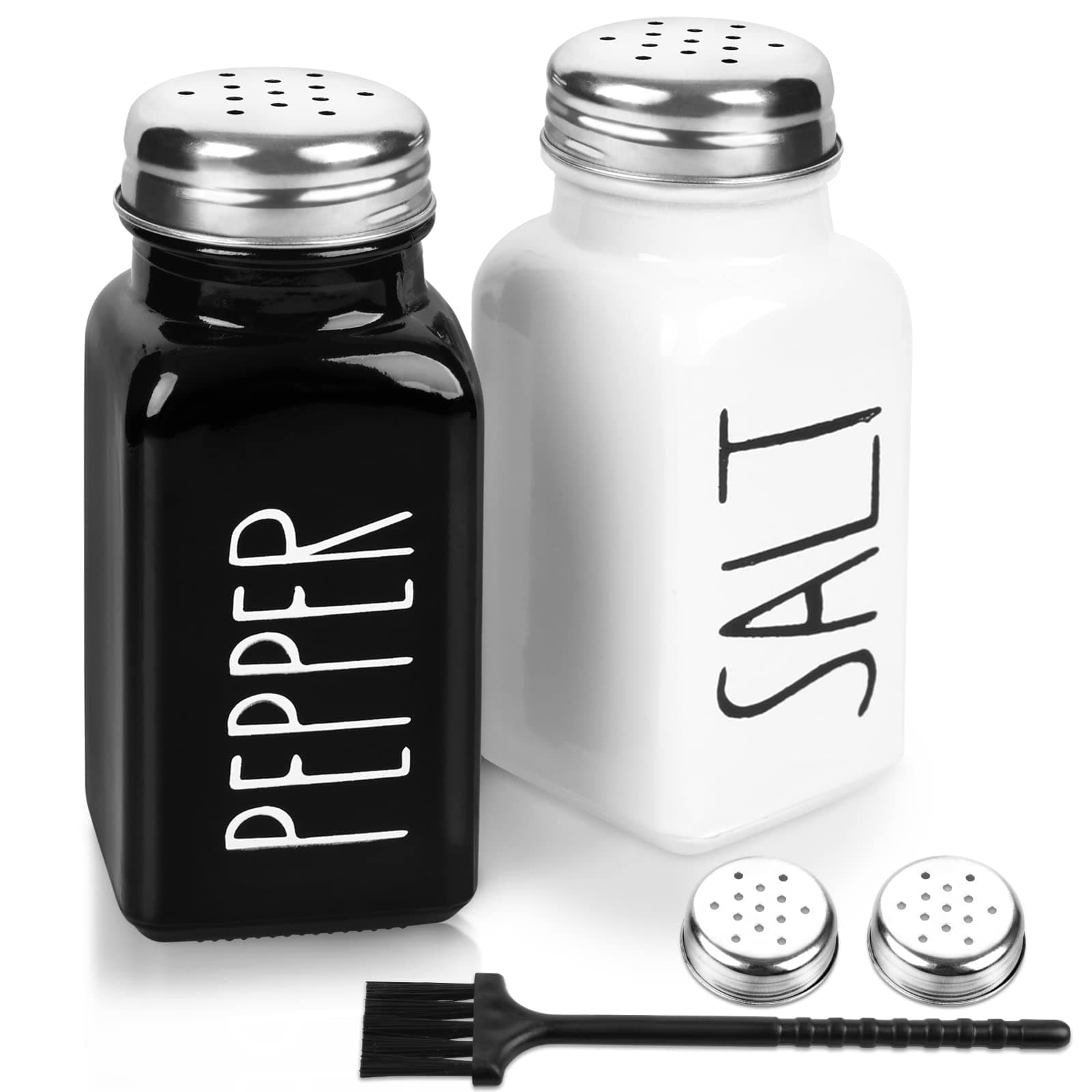 2 Pack Salt and Pepper Shakers Set, Glass Shaker with Stainless Steel Lid, Modern and Cute Farmhouse (Black and White) black, white (medium)