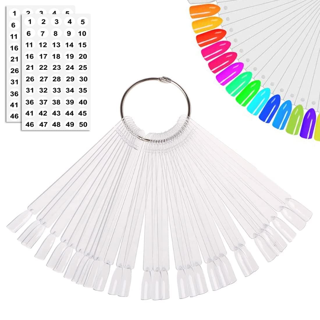 JASSINS 50 Pcs Nail Swatch Sticks with Ring and Numbered Tips - Clear Fan-shaped Display for Nail Art Polish Practice A. Transparent (50 PCS)