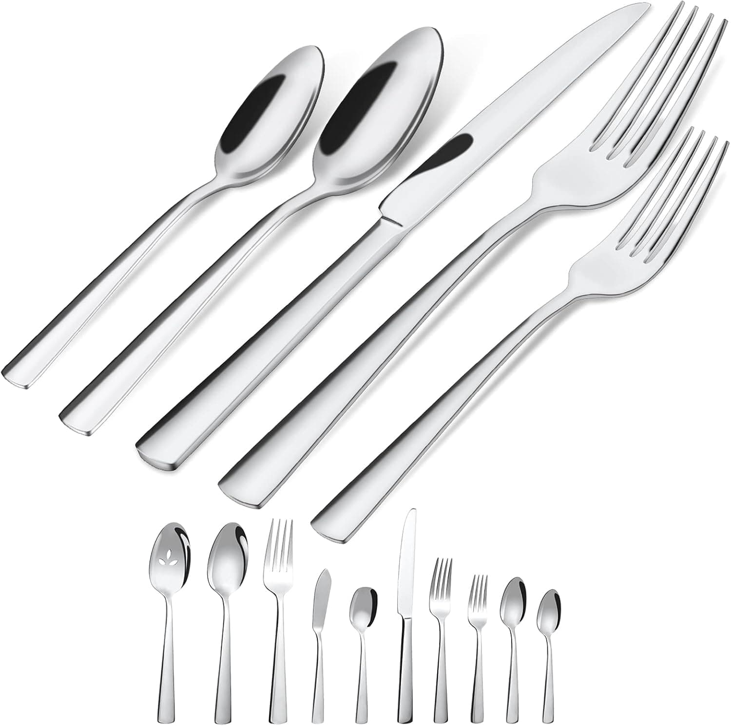 45-Piece Flatware Sets, Silverware Set for 8, Durable Stainless Steel Tableware in Ergonomic Design Size and Weight, Kitchen Utensils Set with Steak Knives, Rust-proof, Dishwasher Safe Silver 45 Piece