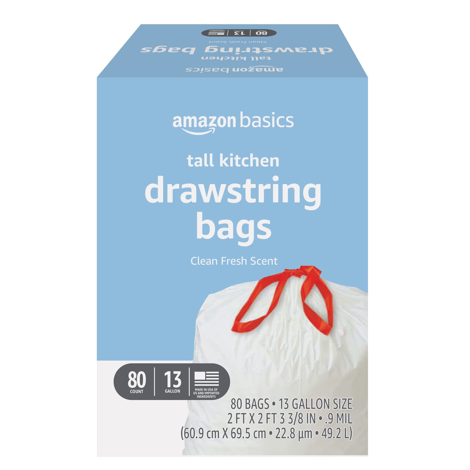 Amazon Basics Tall Kitchen Drawstring Trash Bags, Clean Fresh Scent, 13 Gallon, 80 Count (Previously Solimo) Clean Fresh 80 Count (Pack of 1)