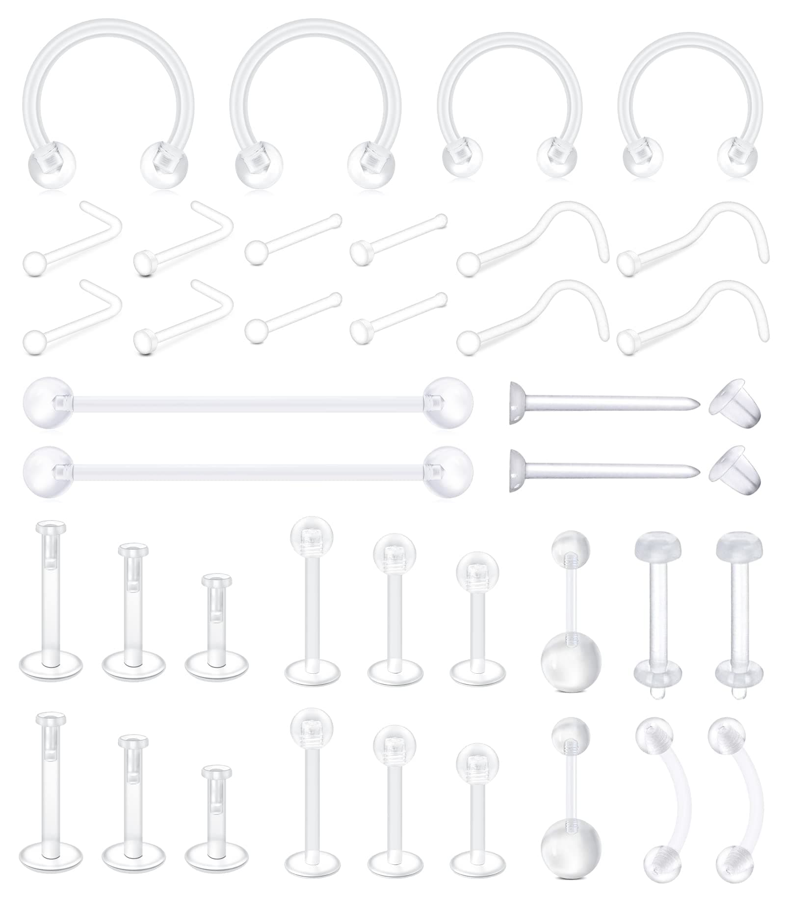 Mayhoop 38pcs Clear Piercing Retainers for Surgery Bioflex Nose Rings Belly Rings Septum Eyebrow Lip Cartilage Tragus Earring Retainer Industrial Bar Plastic Piercing Jewelry for Work 38Pcs-Mix