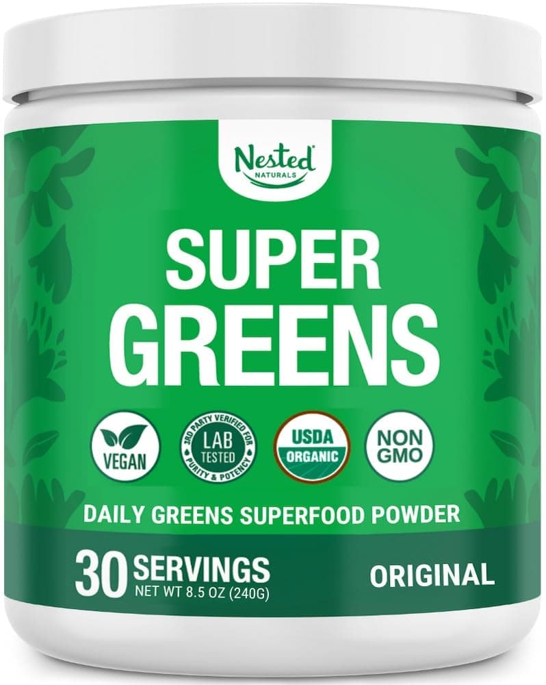 Nested Naturals Super Greens Daily Superfood Powder - Certified USDA Organic Green Powder w/20+ Whole Foods, Spirulina Powder,Wheat & Barley Grass - Probiotics, Fiber & Enzymes - Original Flavour, 30 Original (30 Servings)