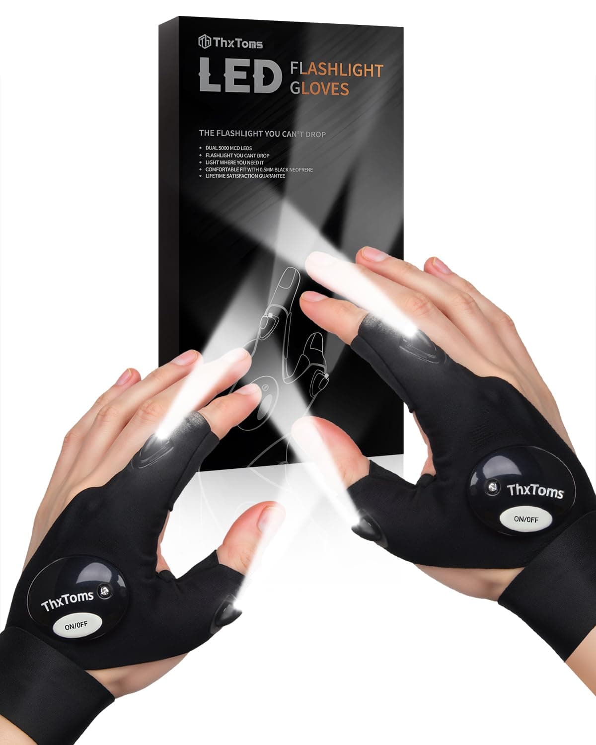 ThxToms LED Flashlight Gloves,Stocking Stuffers Gifts for Men Dad Him, Christmas Birthday Gifts for Men Adults Boyfriend, Cool Gadget Finger Lights for Fishing,Repairing Camping, 1 Pair Black Pure Black
