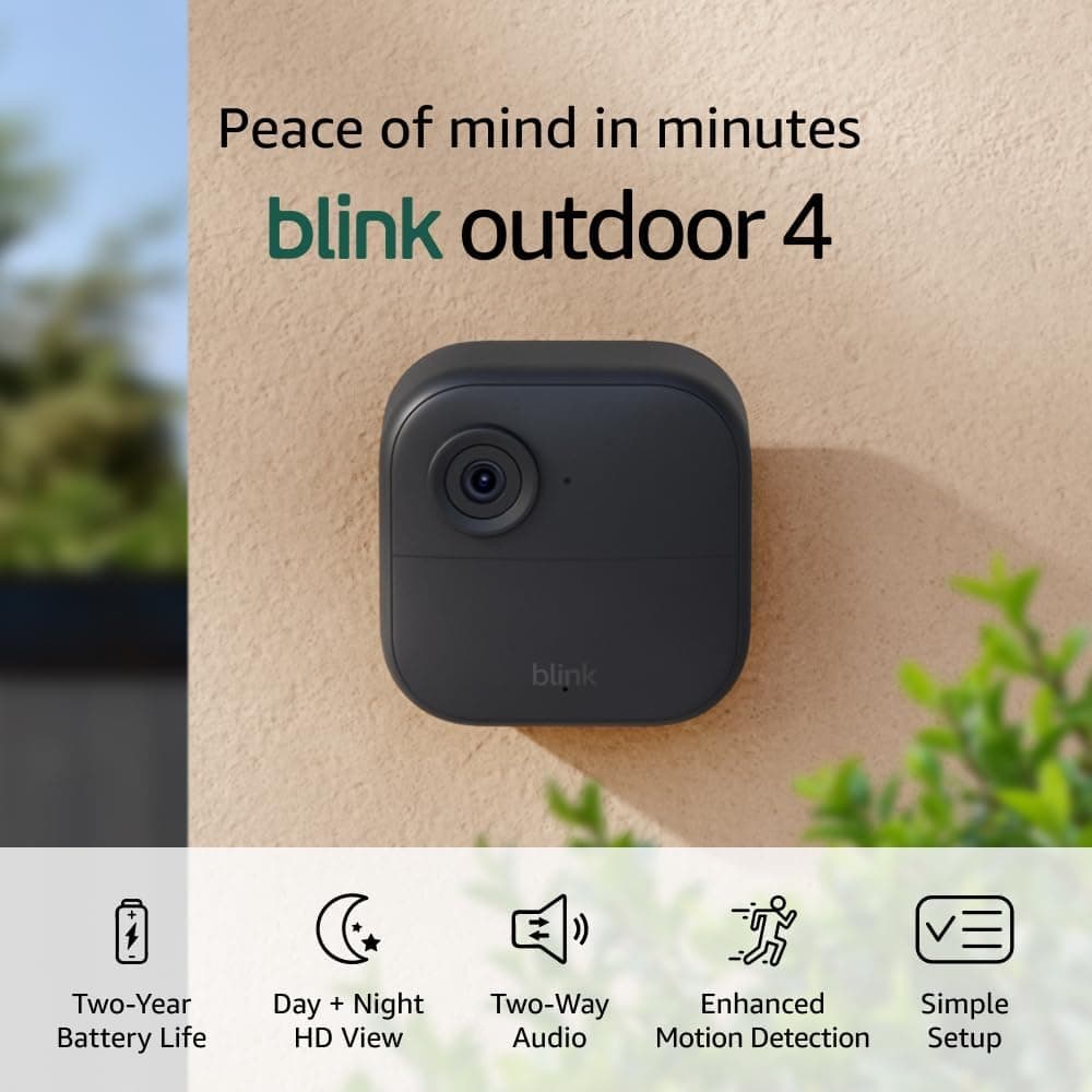 Blink Outdoor 4 (newest model), Wireless smart security camera, two-year battery, 1080p HD day and infrared night live view, two-way talk – 4 camera system Camera (2-year battery life) 4 Camera System